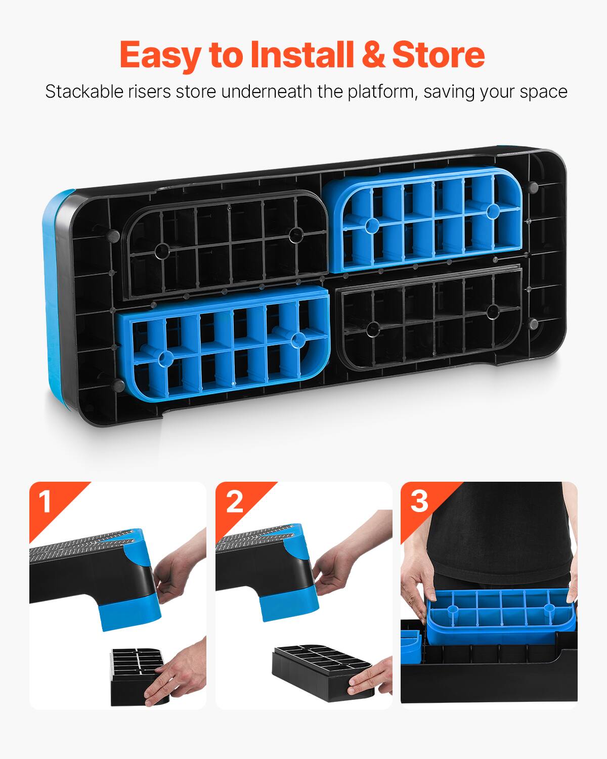 Easy to Install & Store

Stackable risers store underneath the platform, saving your space

1
2
3