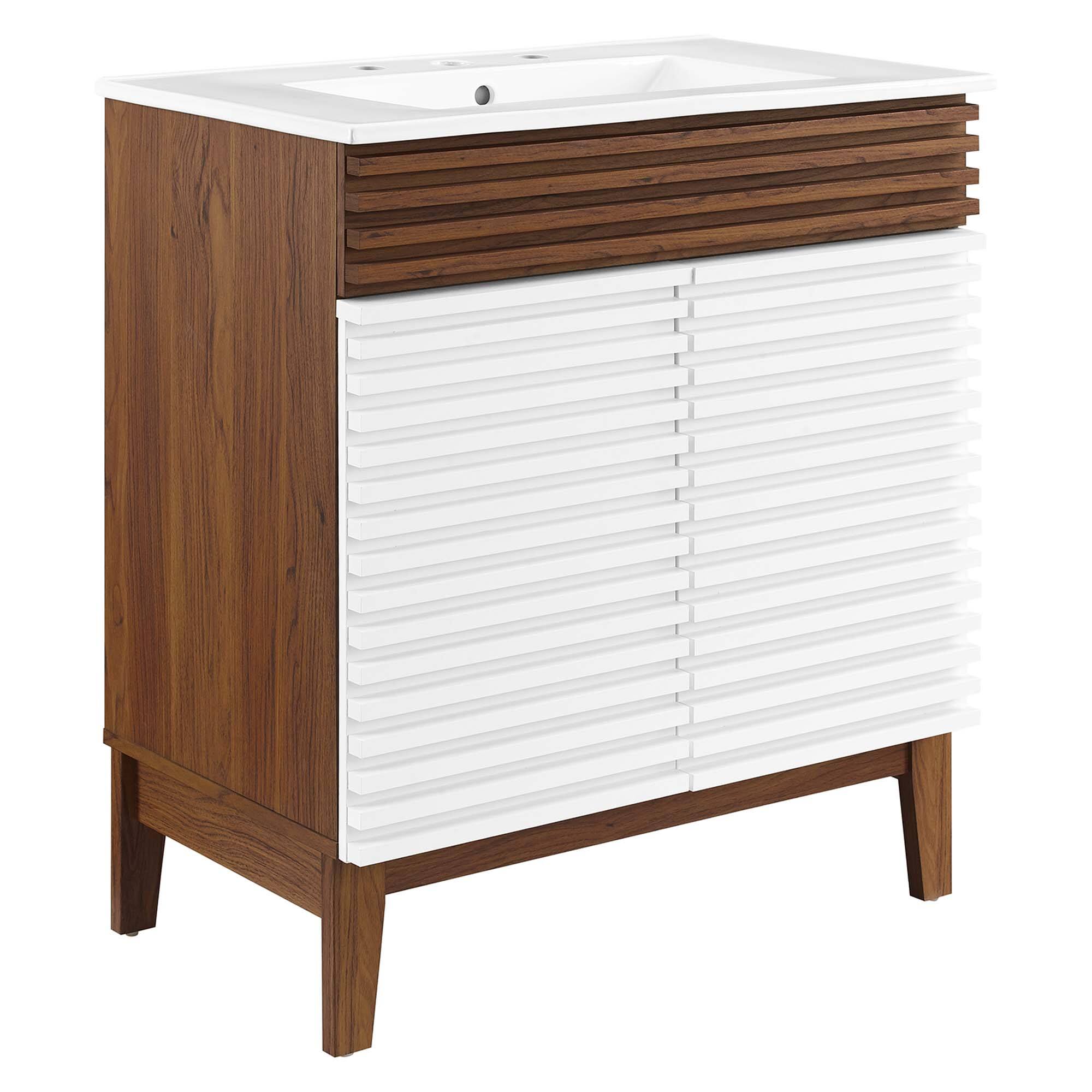 Angle. Modway - Render 30" and 36" Bathroom Vanities with White Basin Included - White Walnut White.
