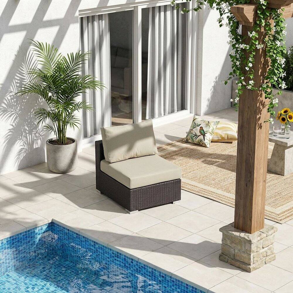 Angle. Outdoor Escape - Outdoor Patio Armless Lounge Chair With Back And Seat Cushions - Beige.