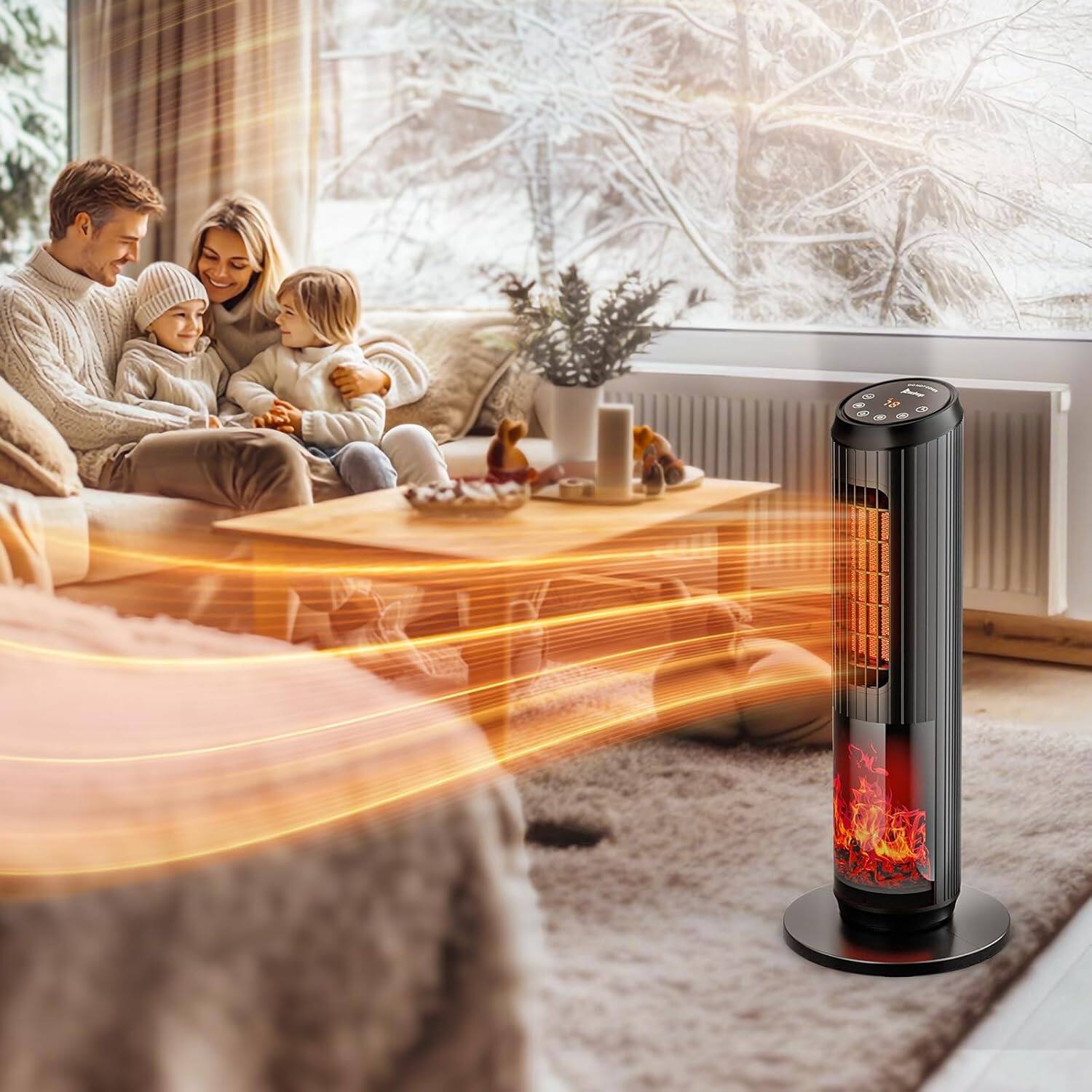 Alt View 10. Winado - 25 inch Tower Space Heater with 3D Flame, 1500W Portable Electric Heater with Thermostat, 60° Oscillation, Timer, Remote - Black.