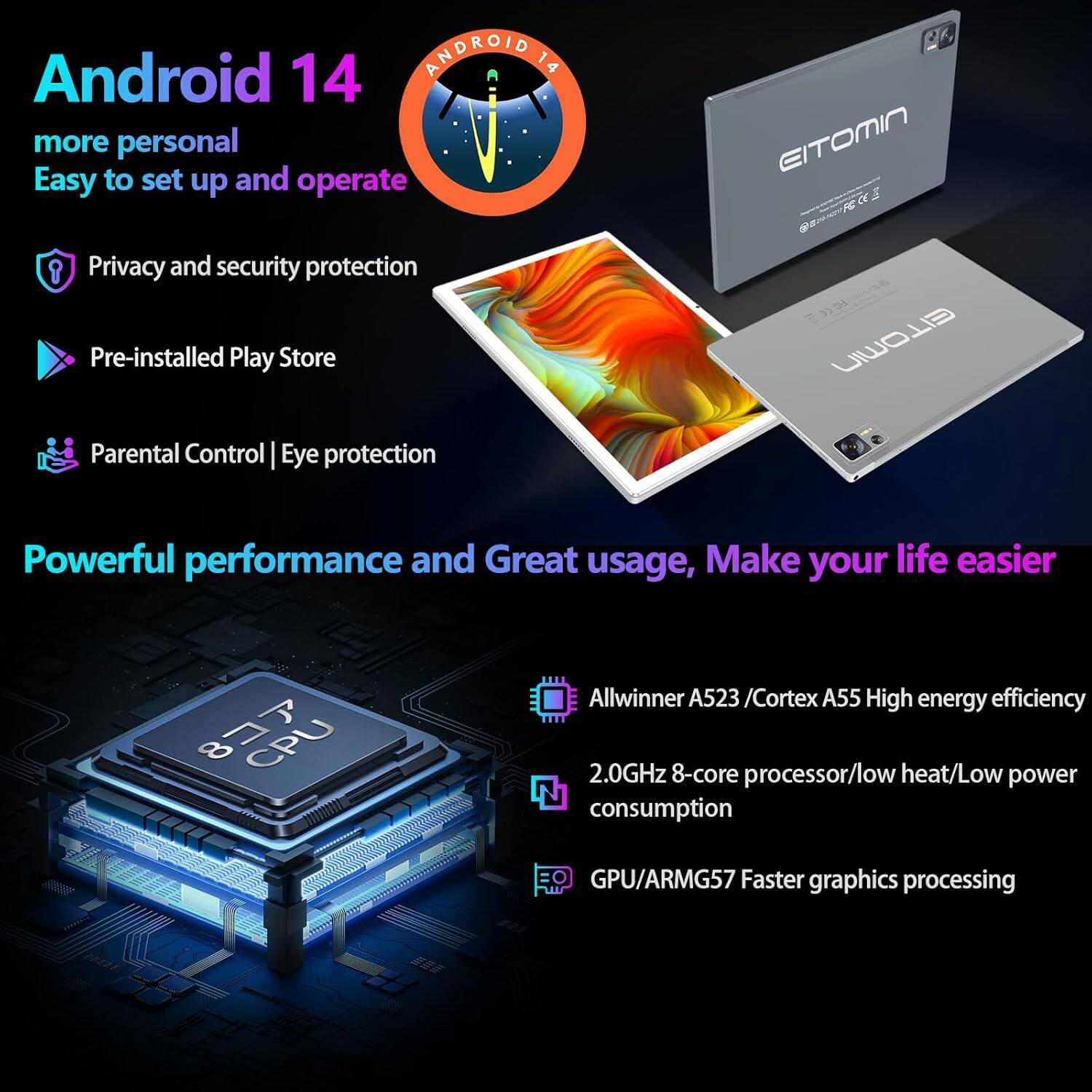**Android 14**

- more personal
- Easy to set up and operate

- Privacy and security protection
- Pre-installed Play Store
- Parental Control | Eye protection

**Powerful performance and Great usage, Make your life easier**

- Allwinner A523 / Cortex A55 High energy efficiency
- 2.0GHz 8-core processor / low heat / Low power consumption
- GPU / ARMG57 Faster graphics processing