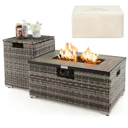 Costway - 32"x 20" Propane Rattan Fire Pit Table Set with Side Table Tank & Cover 40,000 BTU - Gray