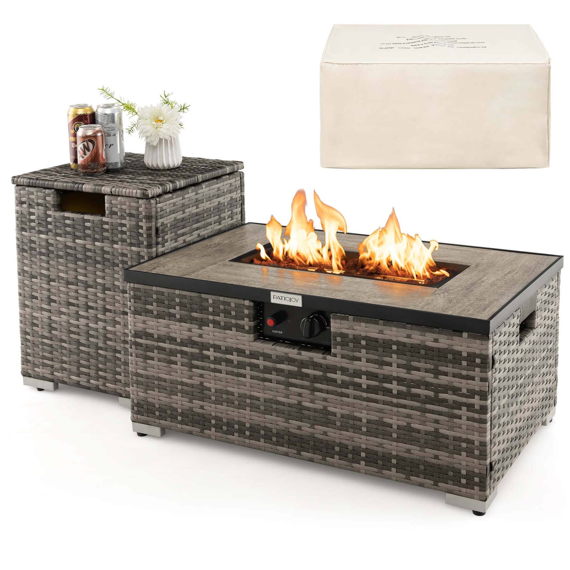 Front. Costway - Costway 32"x 20" Propane Rattan Fire Pit Table Set with Side Table Tank & Cover 40,000 BTU - Grey.
