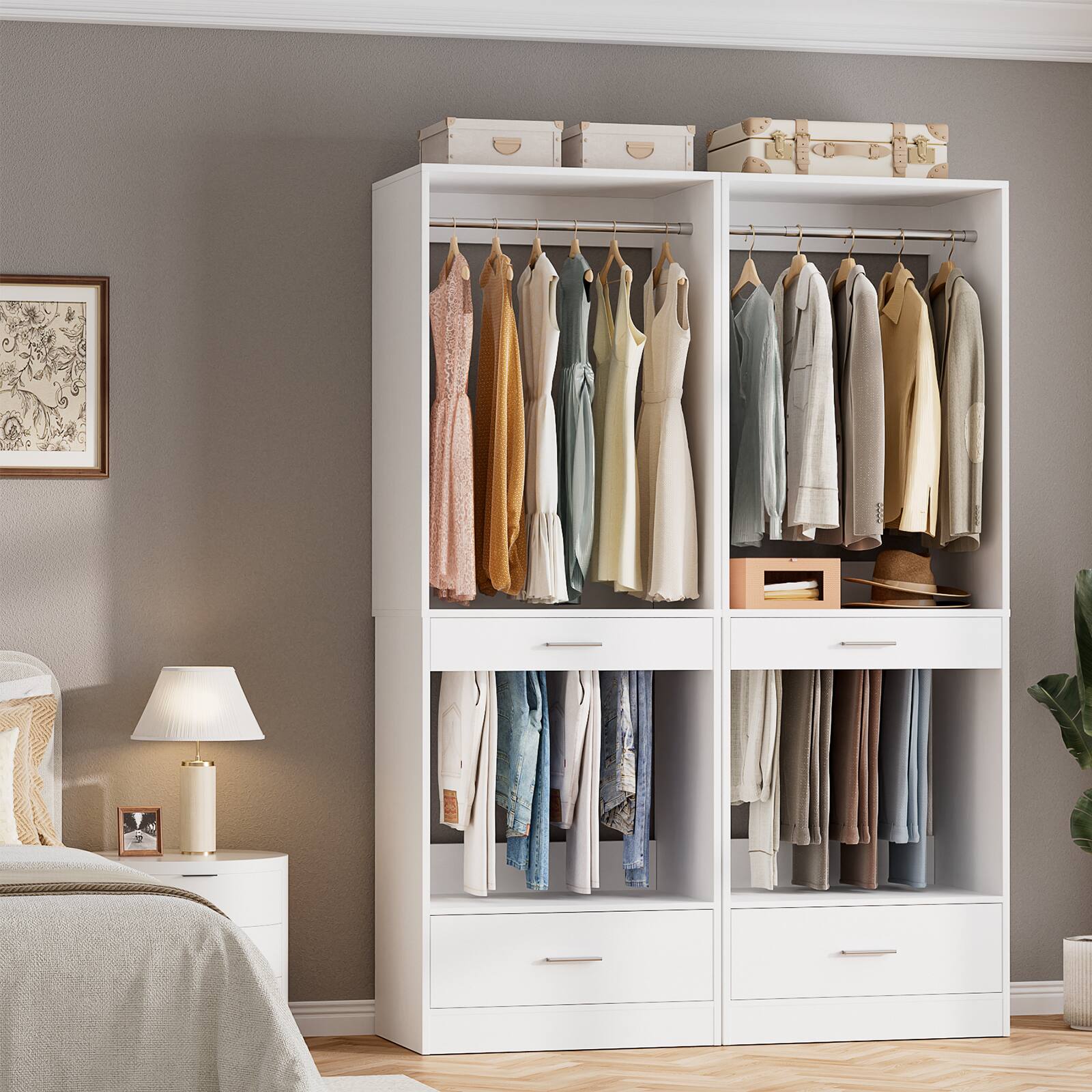 Alt View 1. Aheaplus - Walk-in Hanging Closet System, 23.6'' Wide Closet Organizer with 2 Hanging Rods, Pant Rack, and Drawer - White.