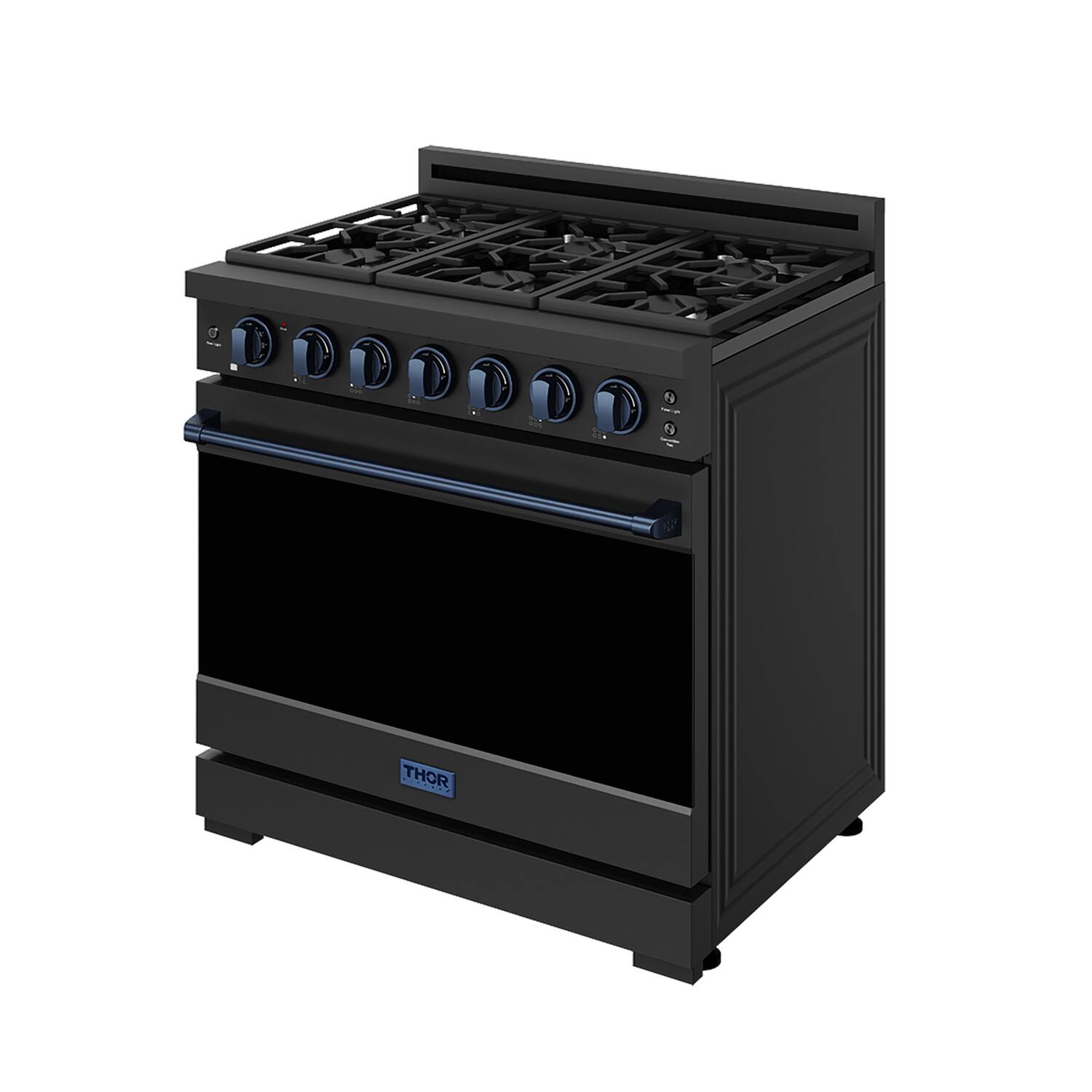 Angle. Thor Kitchen - Gordon Ramsay Series by Thor Kitchen 6.0 Cu. Ft Freestanding Gas Range with Navy Blue Hardware - Black.