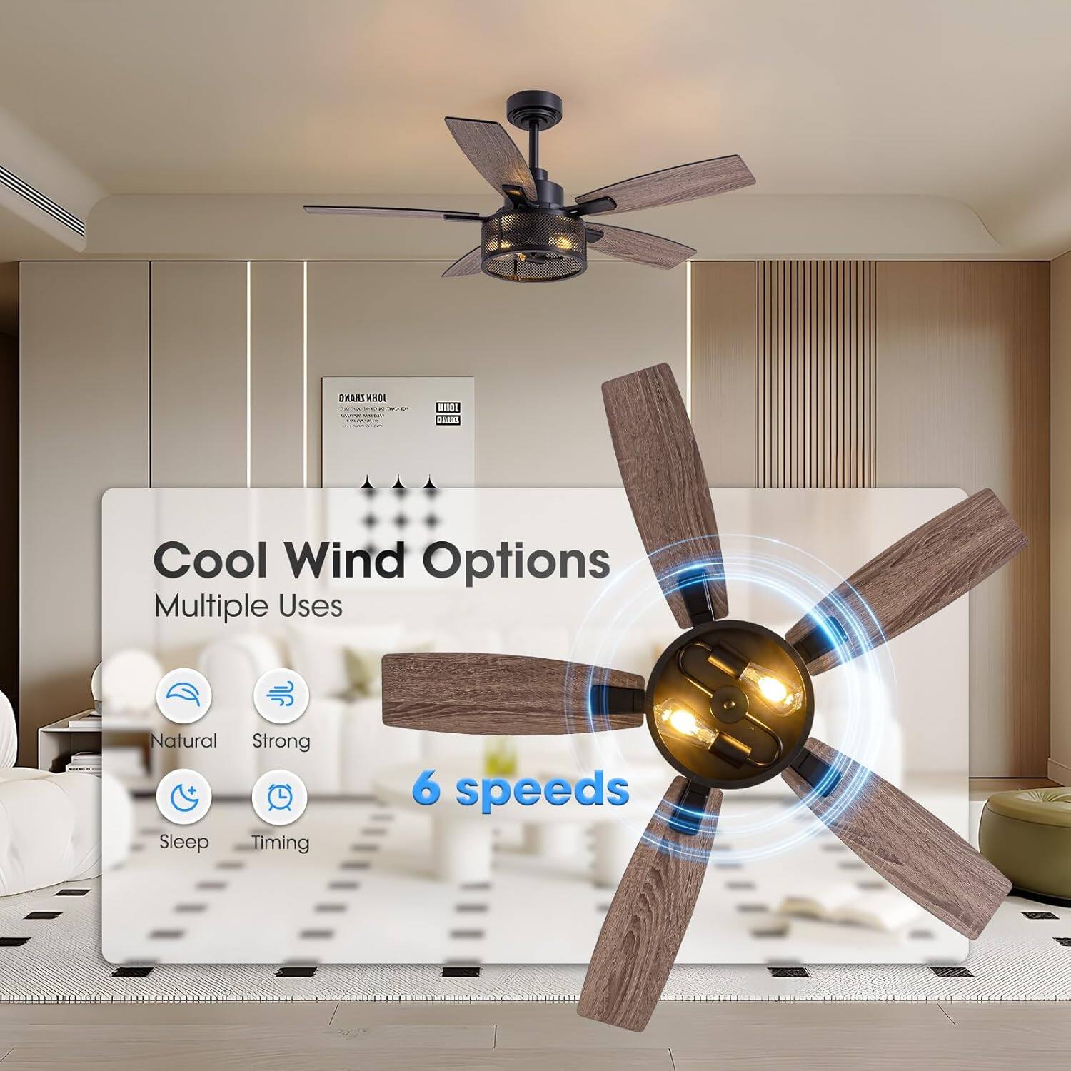 Cool Wind Options  
Multiple Uses  
6 speeds  

Natural  
Strong  
Sleep  
Timing
