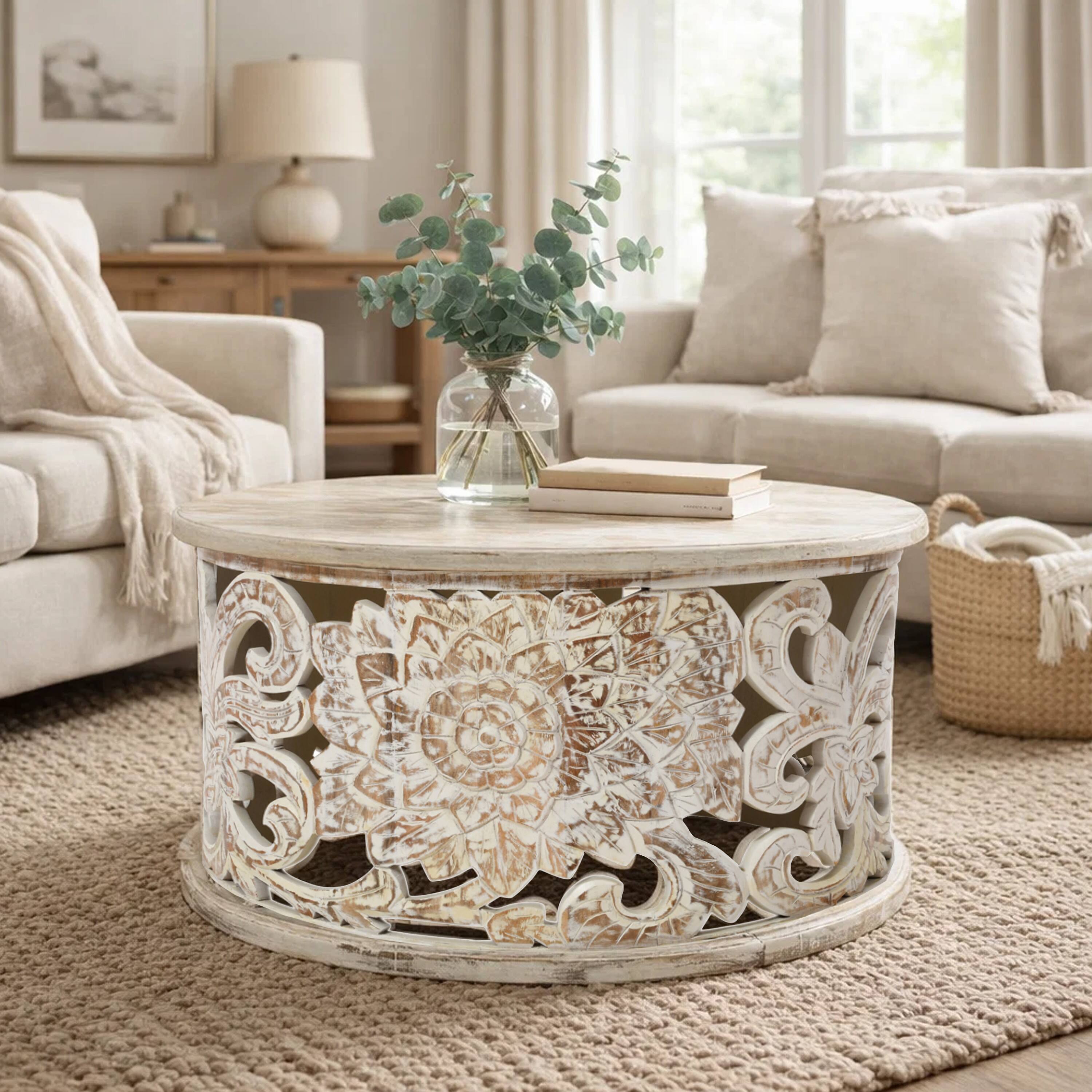 Alt View 9. Manhattan Lane - Alina Coffee Table Handcrafted Mango Wood Floral Carved Cut Out Design Distressed White Finish 33 Inch - White.