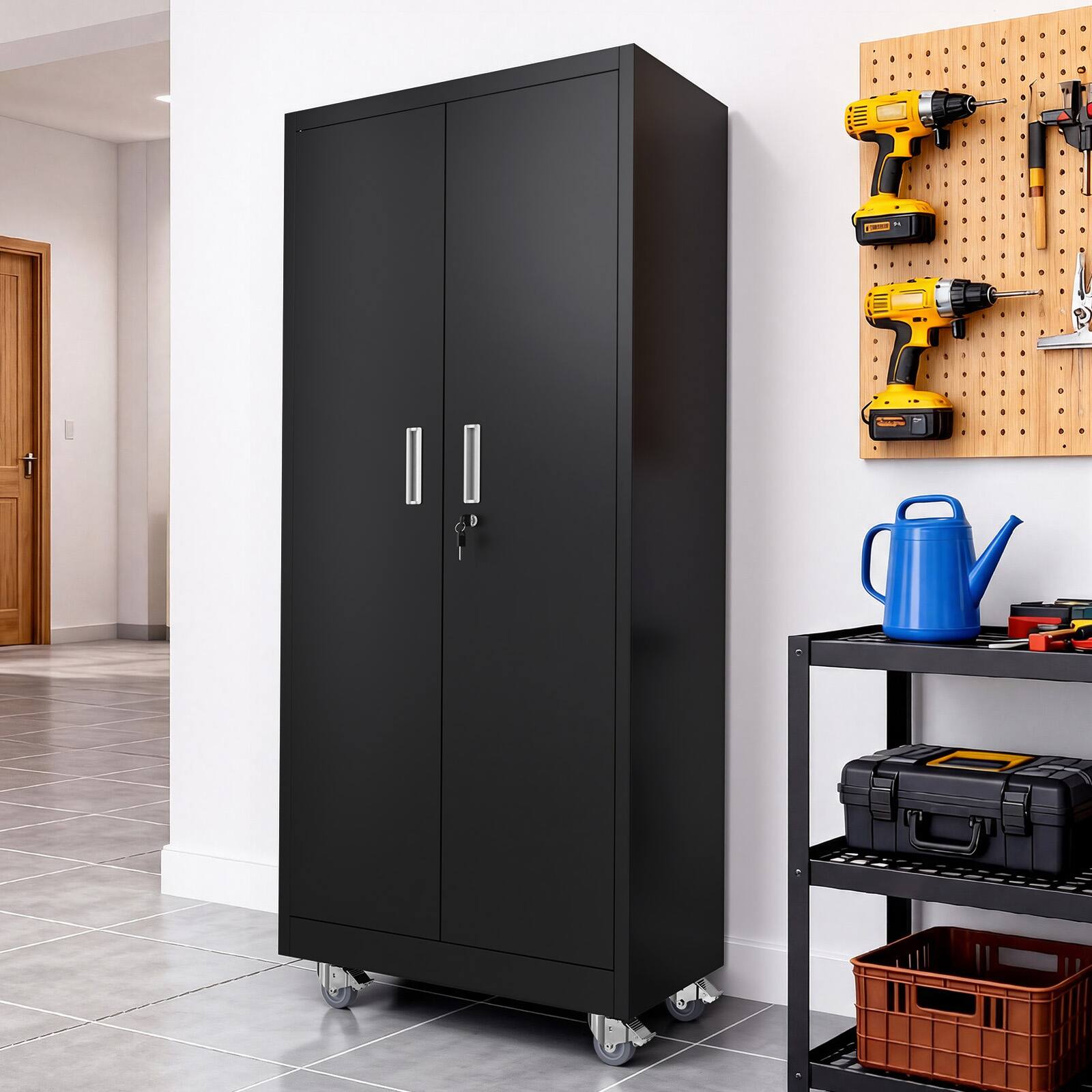 Alt View 4. Winado - Metal Storage Cabinet with 2 Doors, 4 Adjustable Shelves, 750 lbs Capacity, 360° Swivel Wheels for Garage, Office, Home - Black.