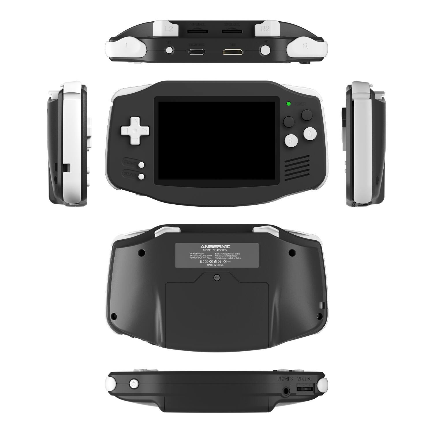 Sure, here is the corrected and grouped text from the image:

**Top Section:**
- R2
- R

**Middle Section:**
- ANBERNIC
- MADE IN CHINA

**Bottom Section:**
- ANBERNIC
- MADE IN CHINA

**Additional Text:**
- POWER
- USB
- HDMI
- 3.5mm Audio Jack
- 110-240V
- 50/60Hz
- 10W
- CE
- FCC
- RoHS
- REACH
- MADE IN CHINA

**On the Controller:**
- POWER
- USB
- HDMI
- 3.5mm Audio Jack
- 110-240V
- 50/60Hz
- 10W
- CE
- FCC
- RoHS
- REACH
- MADE IN CHINA

**On the Back of the Controller:**
- ANBERNIC
- MADE IN CHINA

**On the Bottom of the Controller:**
- POWER
- USB
- HDMI
- 3.5mm Audio Jack
- 110-240V
- 