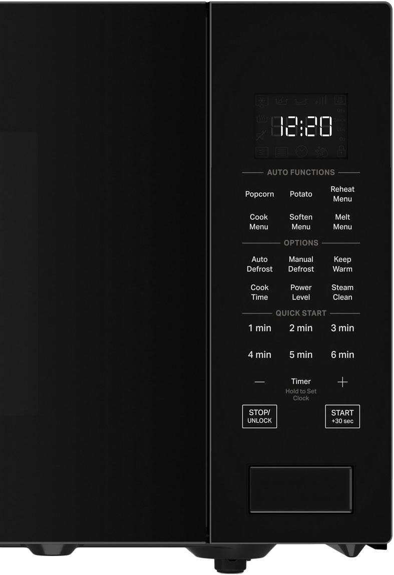 The image shows a microwave with a digital clock displaying the time as 12:00. The microwave has various options and settings, including Auto Functions, Popcorn, Potato Reheat, Menu, Cook Menu, Soften Menu, Melt Menu, and Manual Defrost. Additionally, there are options for Keep Warm, Cook Time, Power Level, Steam Clean, and Quick Start. The microwave also has a timer function that allows users to set the timer for 1, 2, 3, 4, 5, 6, or 7 minutes. The user can also hold the timer button to set the clock and unlock the microwave.