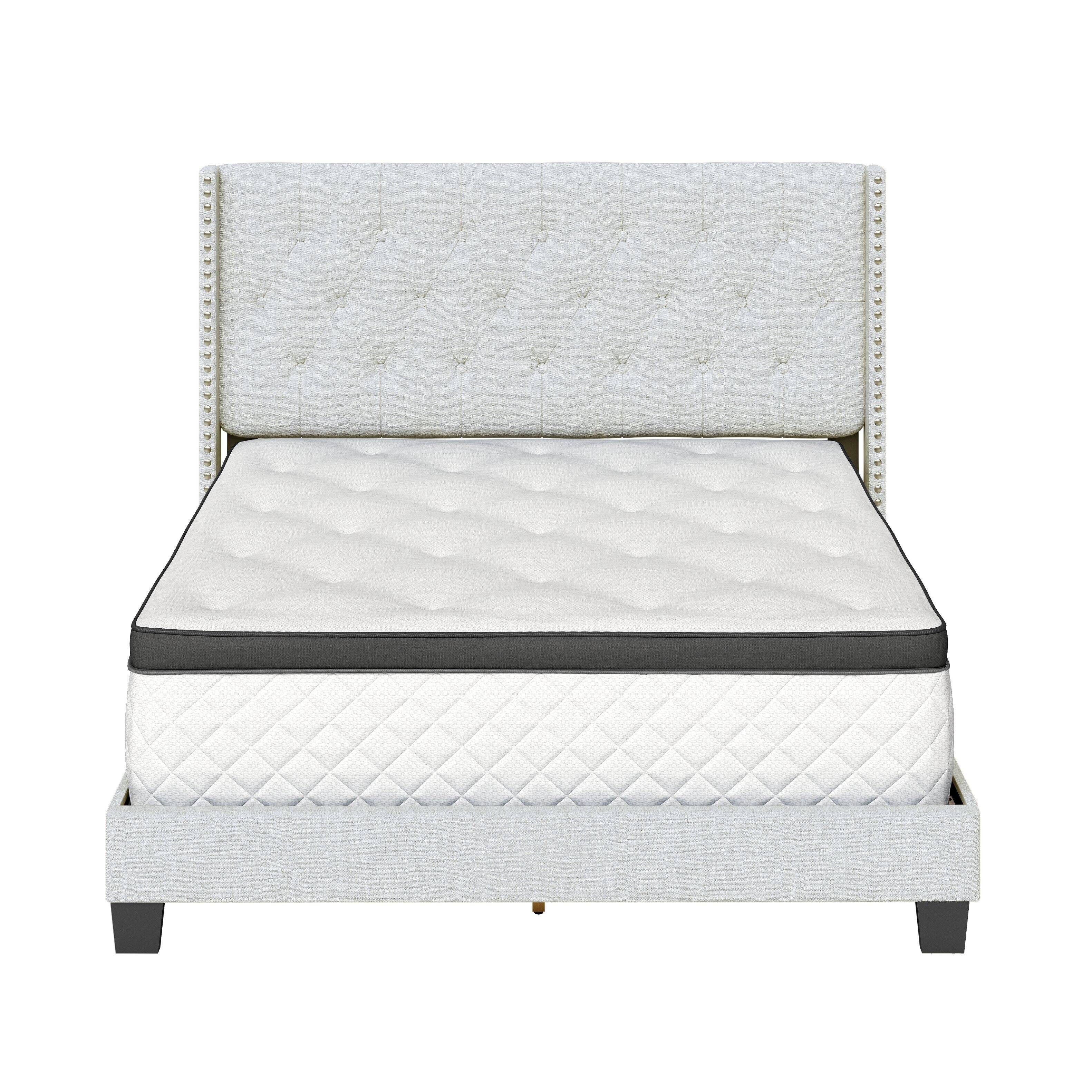 Alt View 5. Boyd Sleep - Mia Linen Platform Bed Frame with Tufted Headboard and Nailhead Trim, No Box Spring Required - Egg Shell.