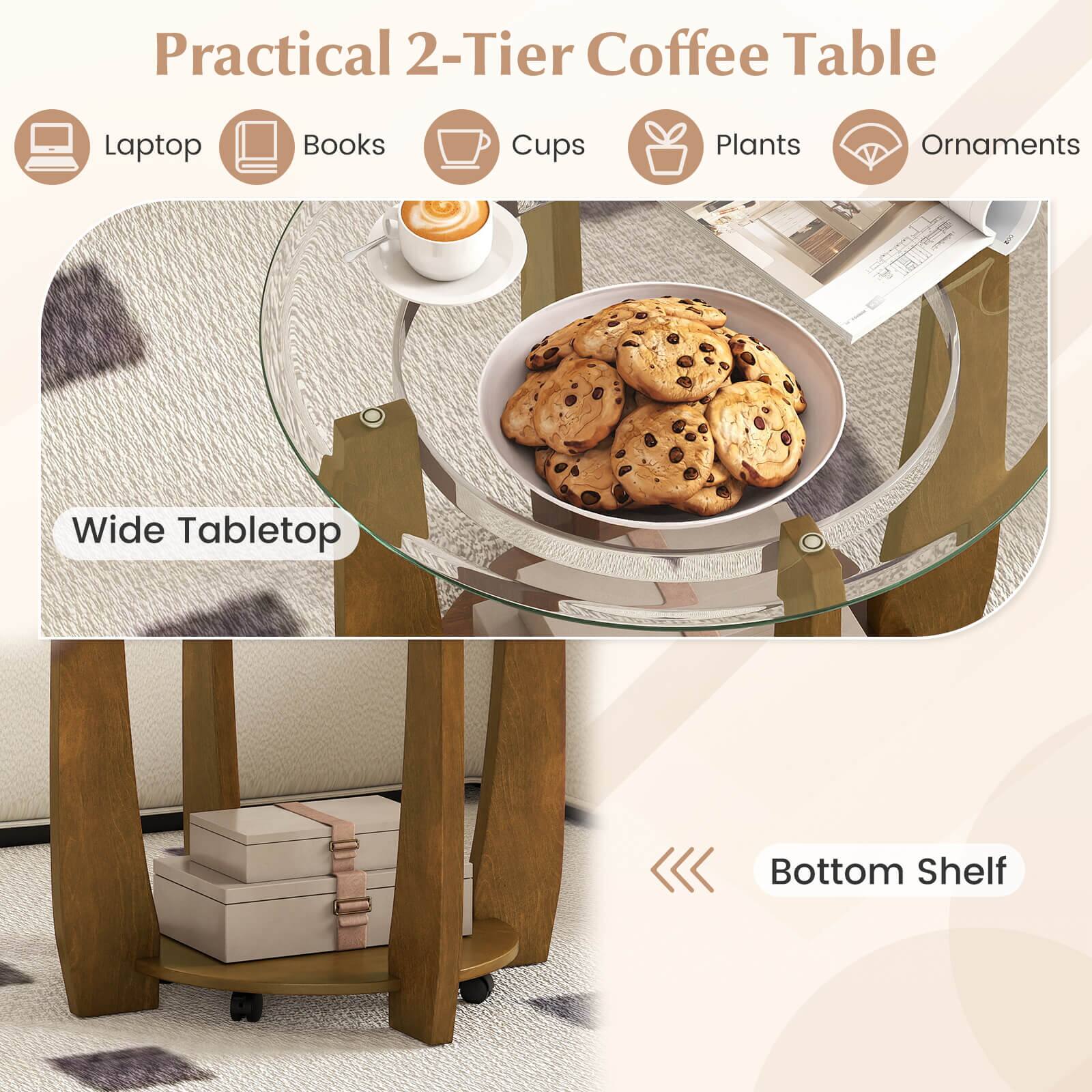 Practical 2-Tier Coffee Table

- Laptop
- Books
- Cups
- Plants
- Ornaments

Wide Tabletop

Bottom Shelf