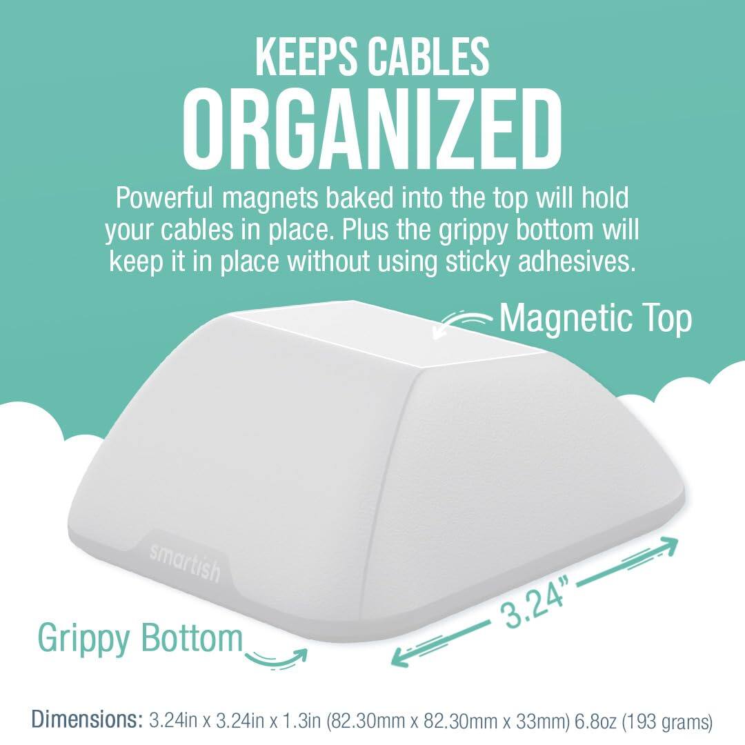 KEEPS CABLES ORGANIZED

Powerful magnets baked into the top will hold your cables in place. Plus the grippy bottom will keep it in place without using sticky adhesives.

Magnetic Top  
Grippy Bottom

Dimensions: 3.24in x 3.24in x 1.3in (82.30mm x 82.30mm x 33mm)  
6.8oz (193 grams)