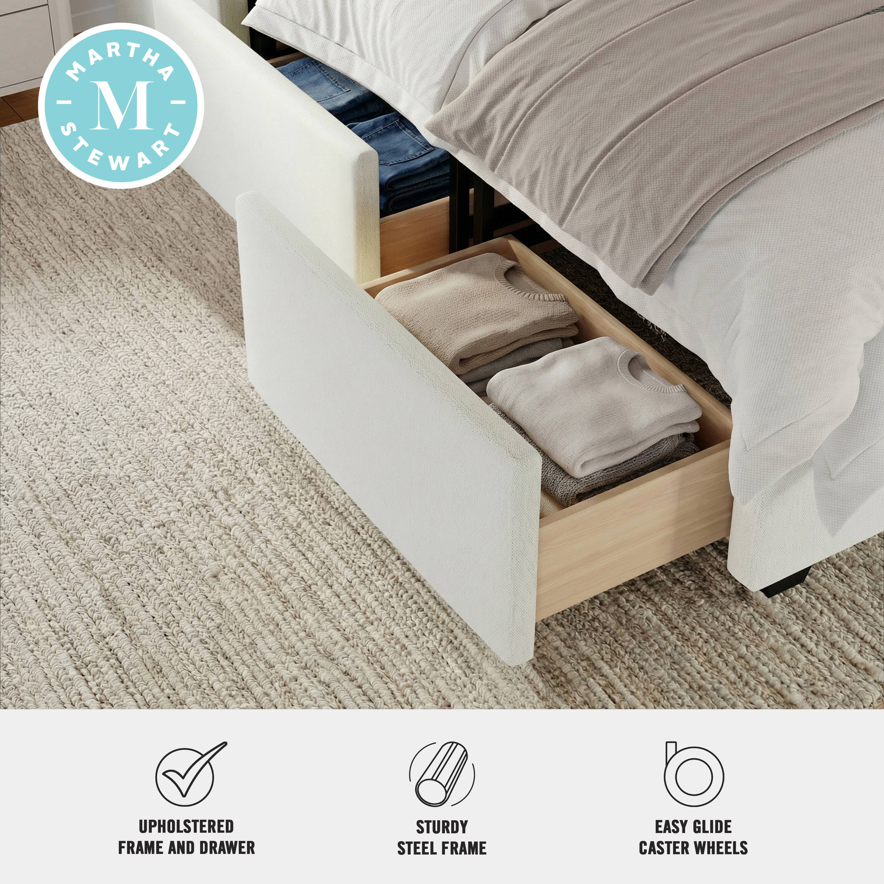 MARTHA M STEWART  
UPHOLSTERED FRAME AND DRAWER  
STURDY STEEL FRAME  
EASY GLIDE CASTER WHEELS