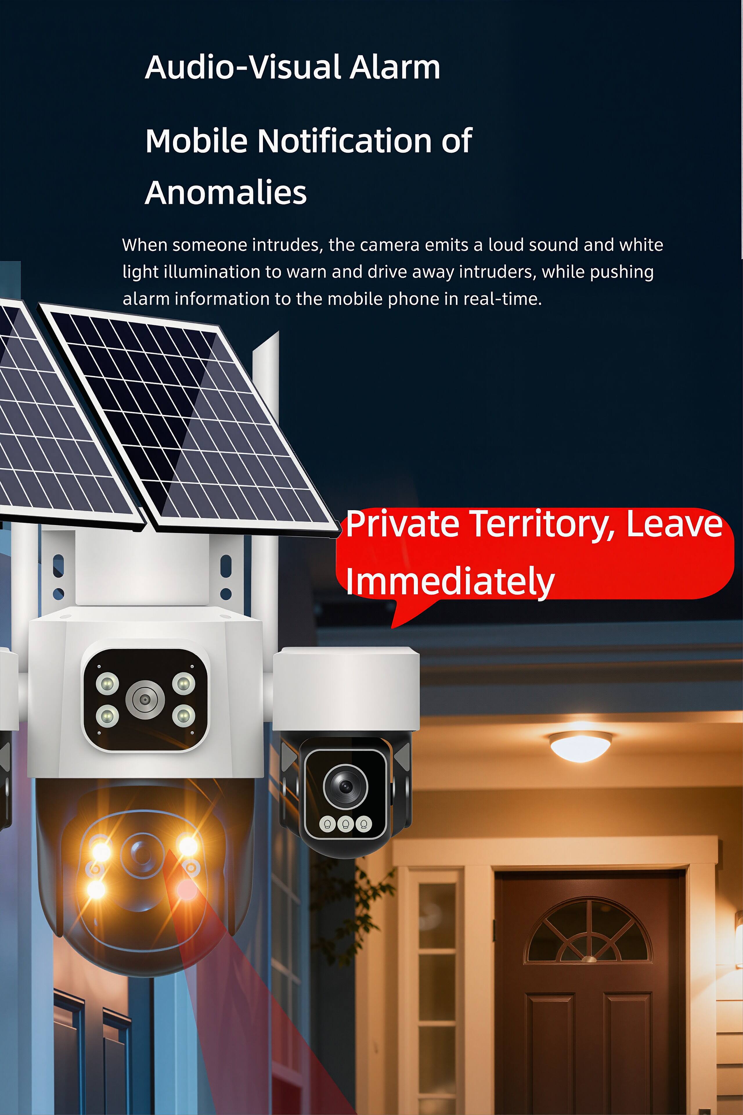 Audio-Visual Alarm  
Mobile Notification of Anomalies  

When someone intrudes, the camera emits a loud sound and white light illumination to warn and drive away intruders, while pushing alarm information to the mobile phone in real-time.  

Private Territory, Leave Immediately