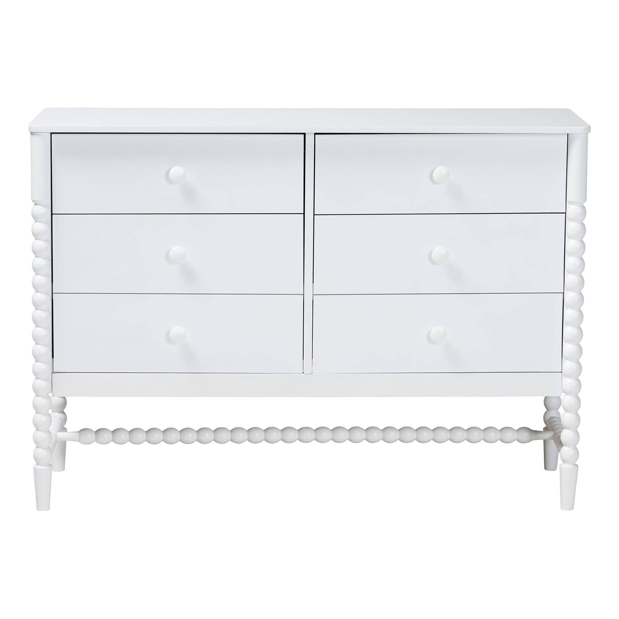 Back. Baxton Studio - Brantley Spindle Dresser - 6-Drawer Horizontal Storage Cabinet with Beaded Frame and Elevated Base for Bedroom - White.