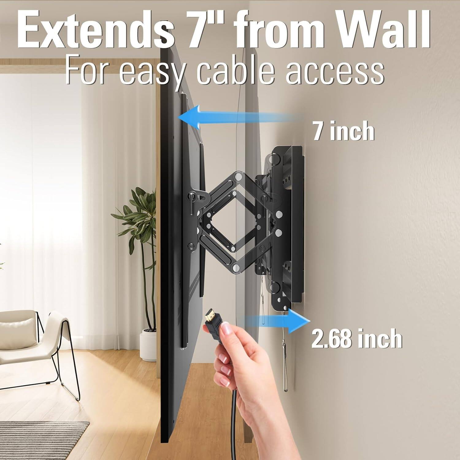 Extends 7" from Wall  
For easy cable access  

7 inch  
2.68 inch