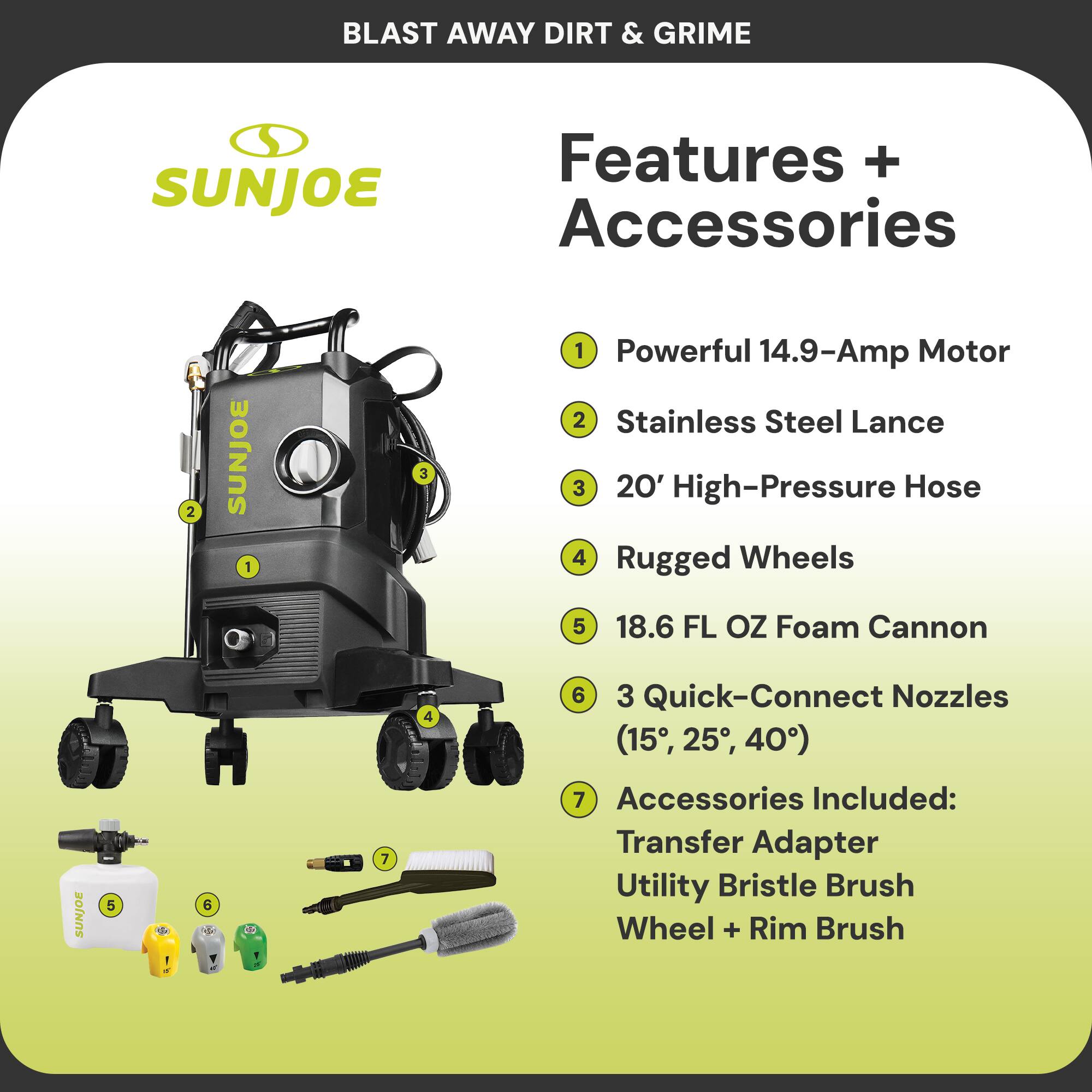 BLAST AWAY DIRT & GRIME

SUNJOE

Features + Accessories

1. Powerful 14.9-Amp Motor
2. Stainless Steel Lance
3. 20' High-Pressure Hose
4. Rugged Wheels
5. 18.6 FL OZ Foam Cannon
6. 3 Quick-Connect Nozzles (15°, 25°, 40°)
7. Accessories Included:
   - Transfer Adapter
   - Utility Bristle Brush
   - Wheel + Rim Brush