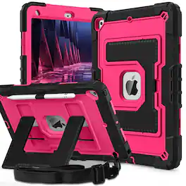 UUCOVER - Rugged Protective Case for iPad 9th 8th 7th Gen 10.2-inch (2021/2020/2019) Shockproof Stand Cover with Shoulder Strap - Rose+Black