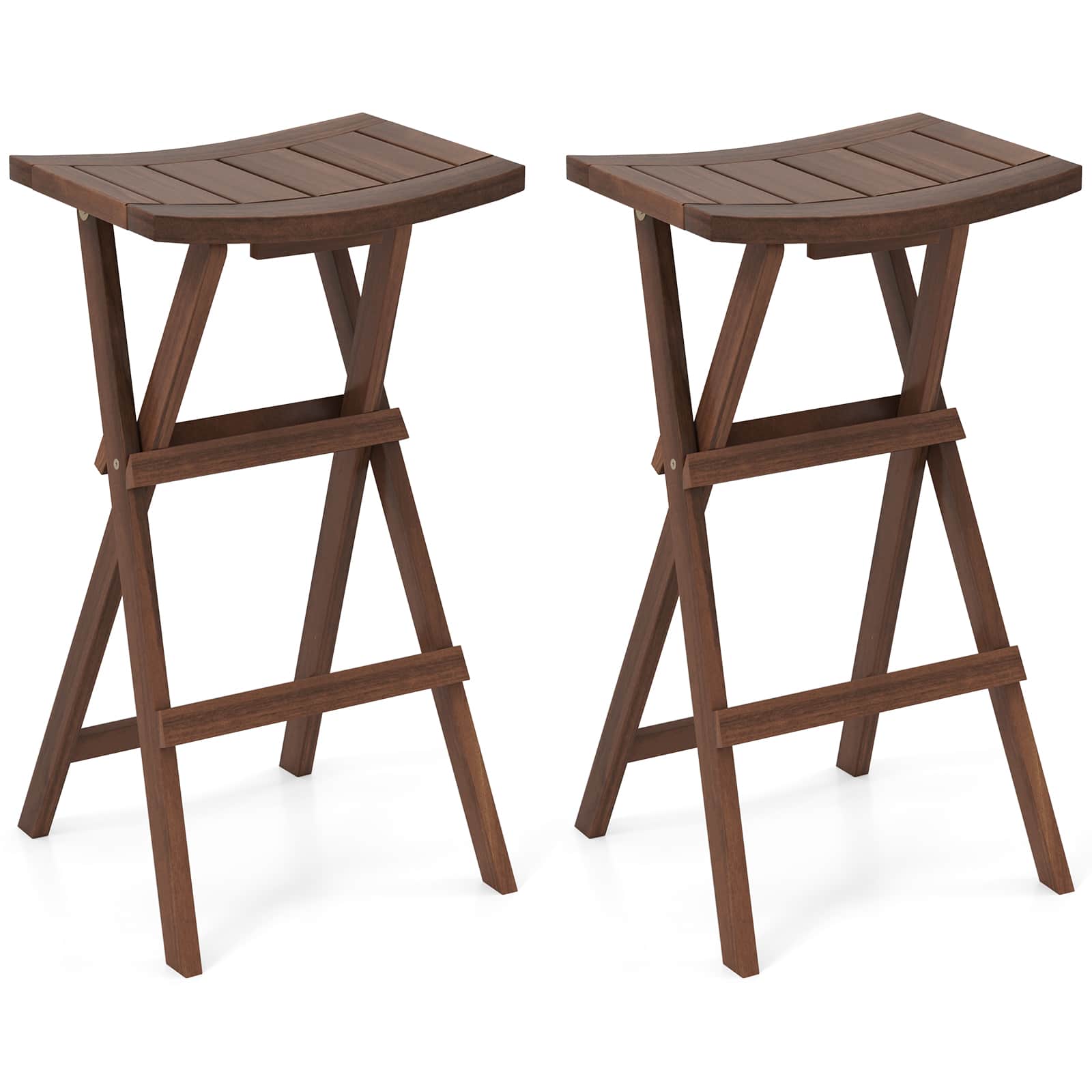 Gymax - Bar Stools Set of 2 30'' Folding Bar Height Stools w/ Saddle Seat & Footrest - Teak