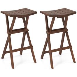 Gymax - Bar Stools Set of 2 30'' Folding Bar Height Stools w/ Saddle Seat & Footrest - Teak