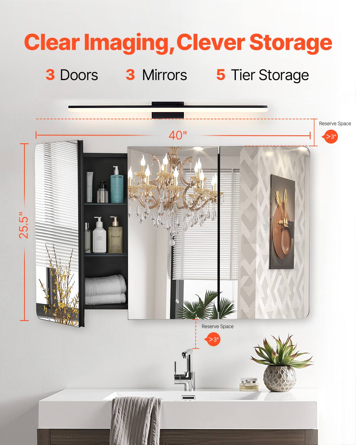 Clear Imaging, Clever Storage

3 Doors  
3 Mirrors  
5 Tier Storage

40"  
25.5"  

Reserve Space >3"  
Reserve Space >3"