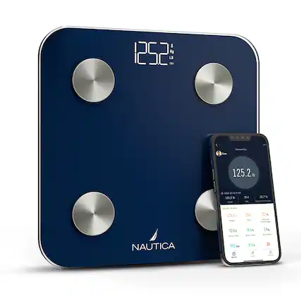 The image features a blue Nautica scale with a cell phone placed on top of it. The cell phone is displaying the weight of 125.2 kg or 275.2 lbs. The scale is connected to the cell phone, and the weight is being transmitted to the phone. The image also shows the weight percentage and the date of May 14, 2023.