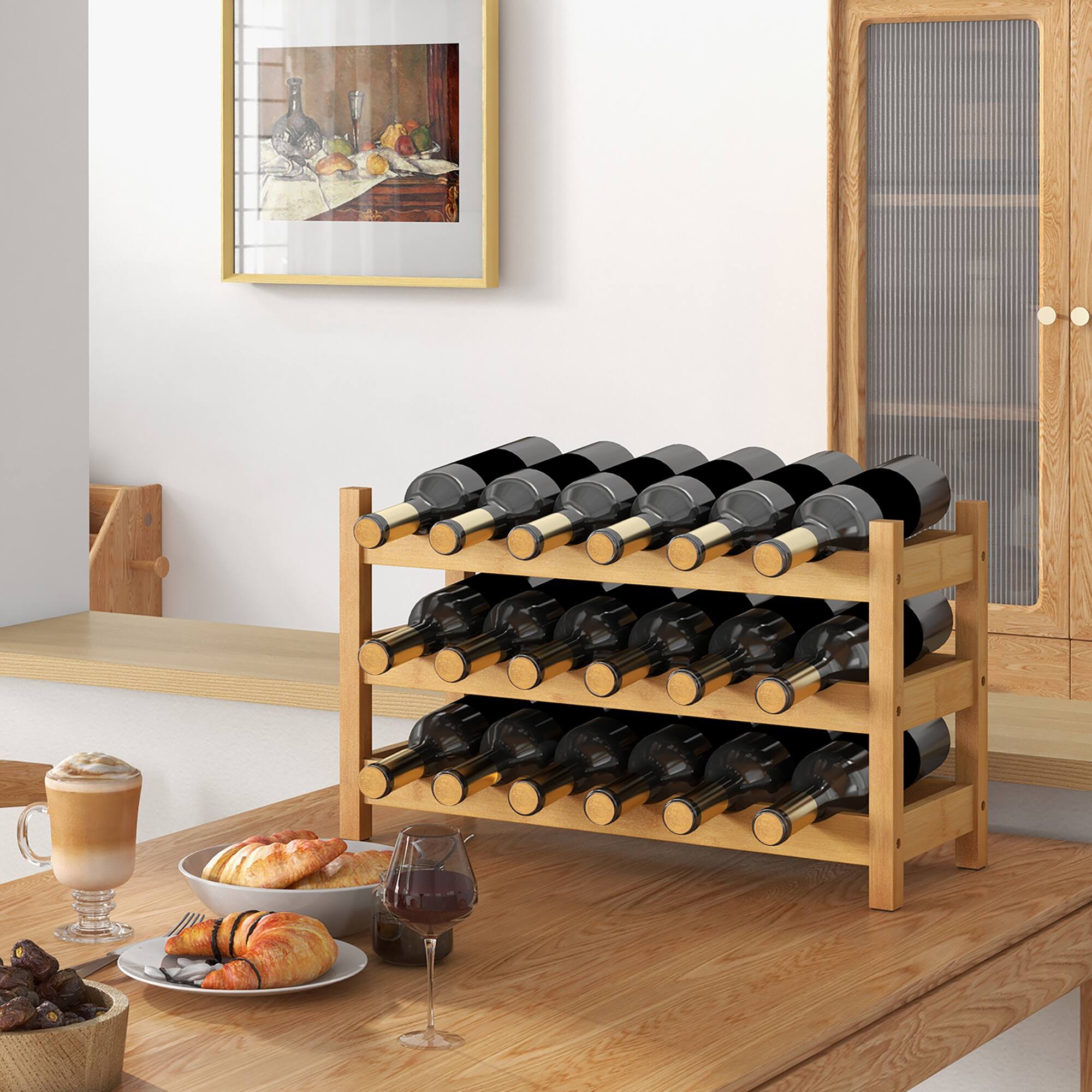Gymax 3 Tier 18 Bottle Wine Storage Cabinet Shelf Bamboo Wine Rack for ...