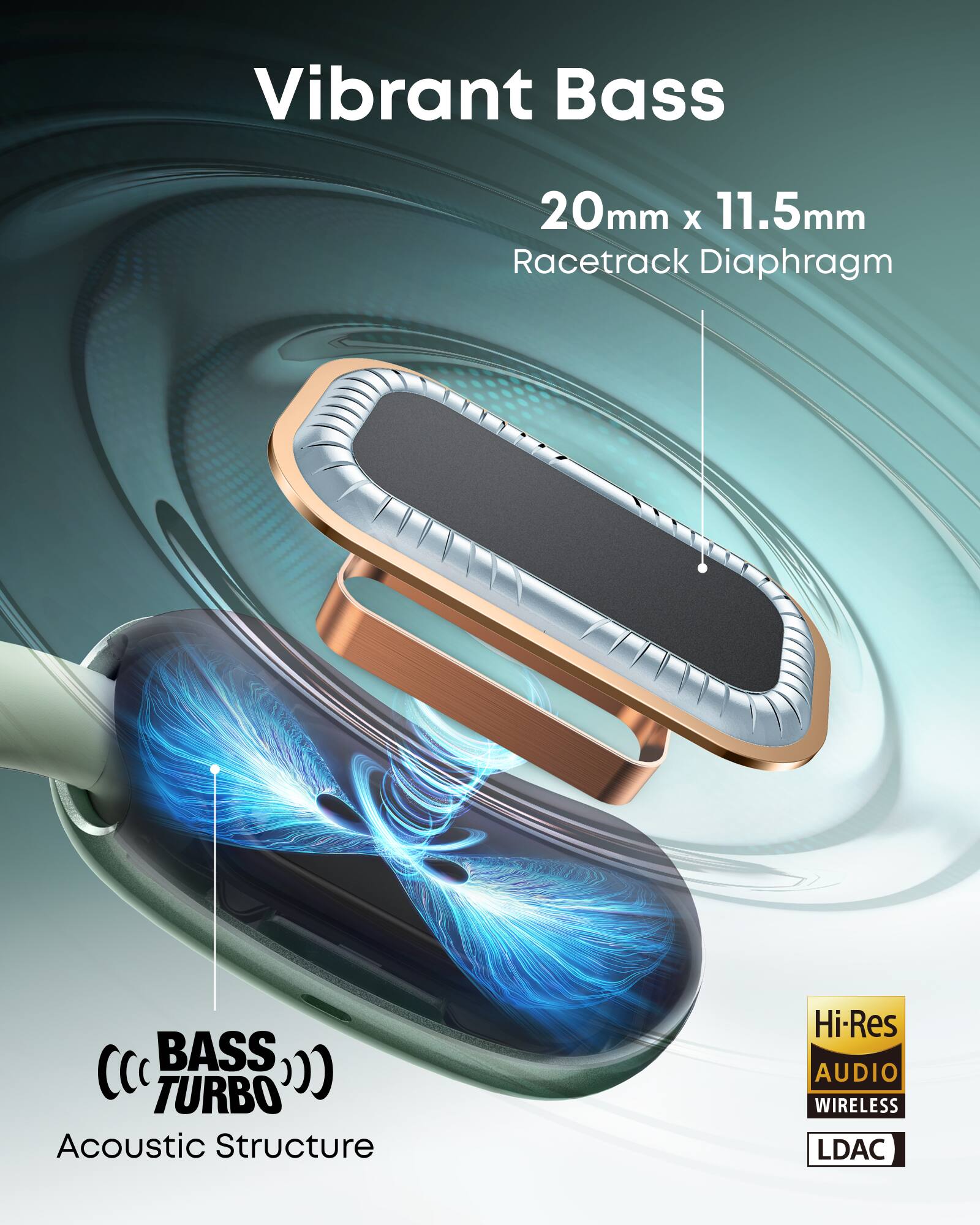 Vibrant Bass  
20mm x 11.5mm Racetrack Diaphragm  

BASS TURBO  
Acoustic Structure  

Hi-Res AUDIO  
WIRELESS  
LDAC