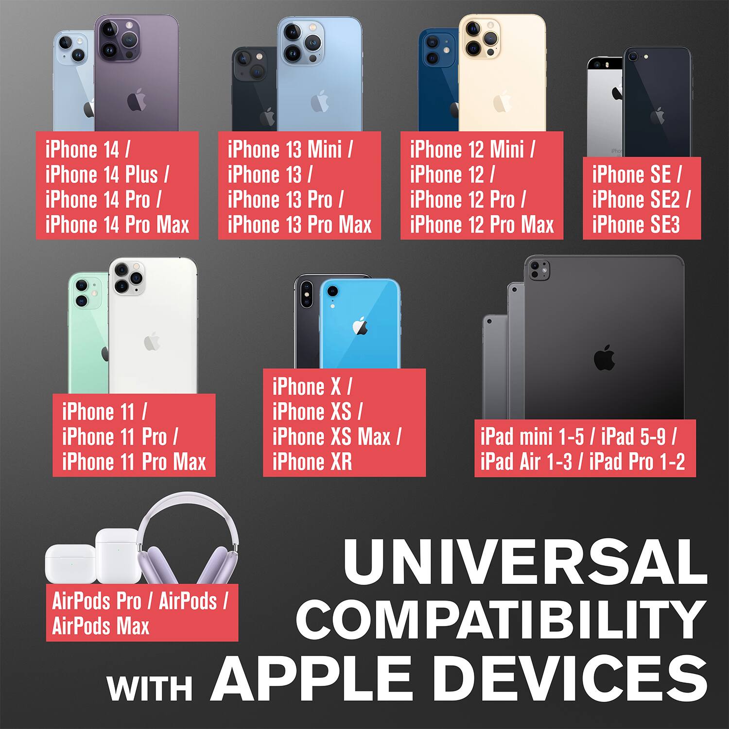 iPhone 14 / iPhone 14 Plus / iPhone 14 Pro / iPhone 14 Pro Max  
iPhone 13 Mini / iPhone 13 / iPhone 13 Pro / iPhone 13 Pro Max  
iPhone 12 Mini / iPhone 12 / iPhone 12 Pro / iPhone 12 Pro Max  
iPhone SE / iPhone SE2 / iPhone SE3  
iPhone 11 / iPhone 11 Pro / iPhone 11 Pro Max  
iPhone X / iPhone XS / iPhone XS Max / iPhone XR  
iPad mini 1-5 / iPad 5-9 / iPad Air 1-3 / iPad Pro 1-2  
AirPods Pro / AirPods / AirPods Max  

UNIVERSAL COMPATIBILITY WITH APPLE DEVICES