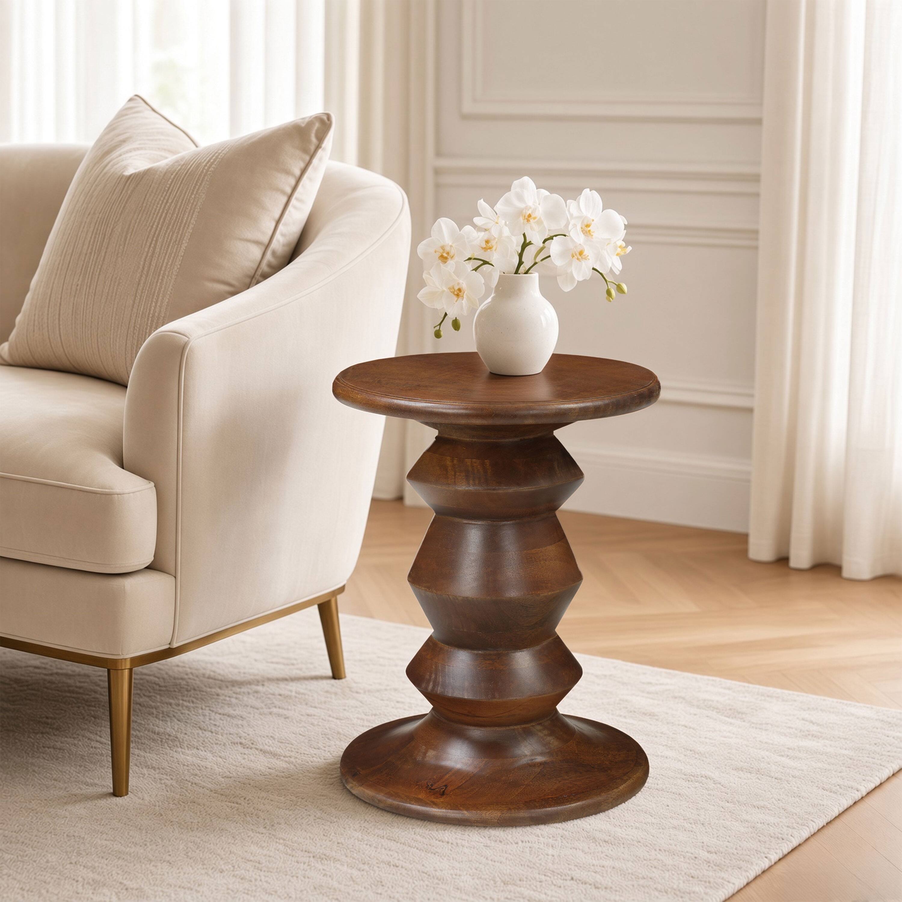 Alt View 4. Manhattan Lane - Jie Side End Table, Sculpted Pedestal Base, Mango Wood, 18.5 Inch - Walnut Brown.