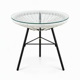 RYHNUYNE - Rattan Side Table with Clear Glass Top,Outdoor Accent Table, Weatherproof Patio & Balcony Furniture - White