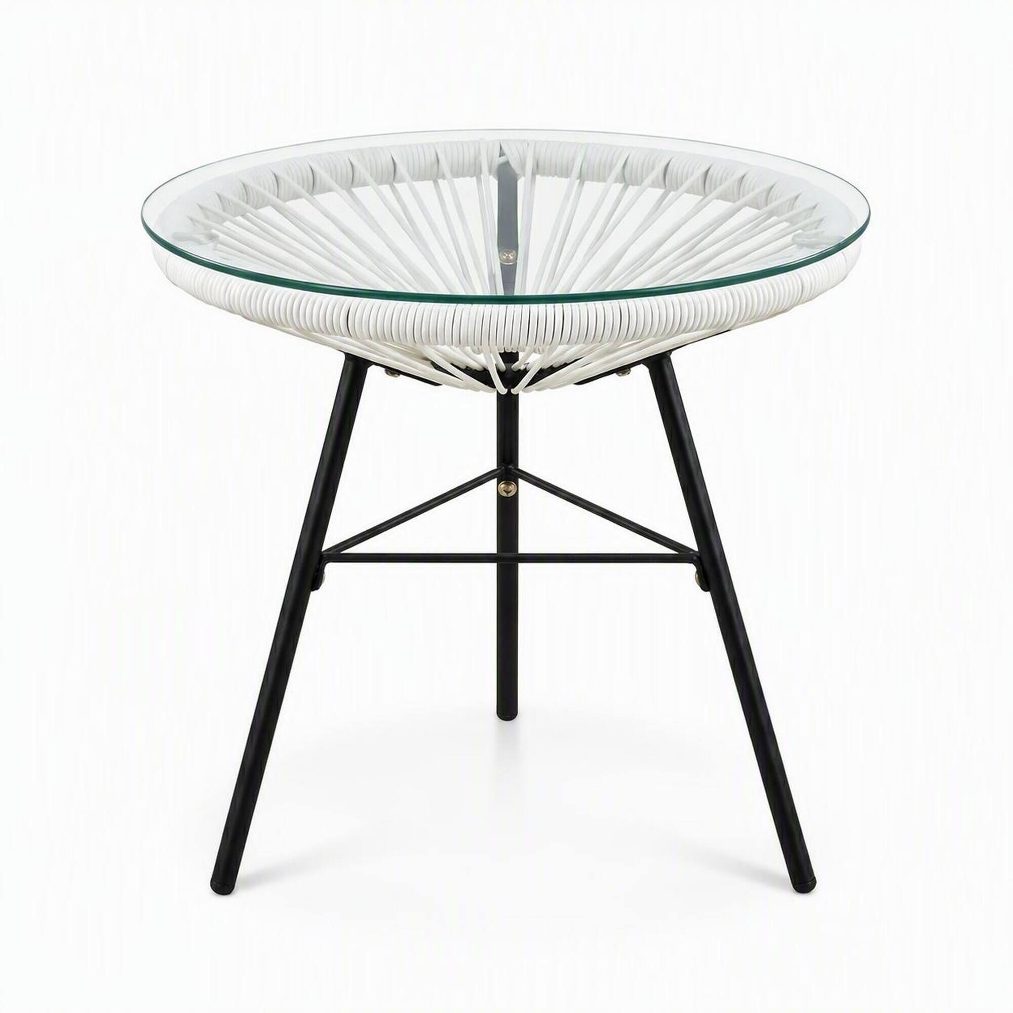 Front. RYHNUYNE - White Rattan Side Table with Clear Glass Top,Outdoor Accent Table, Weatherproof Patio & Balcony Furniture - White.