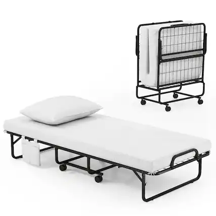 Front. Costway - Costway Folding Bed with Mattress 75" x 31" Cot Size Rollaway Adult Bed with Memory Foam Mattress &Pillow - White,Black.