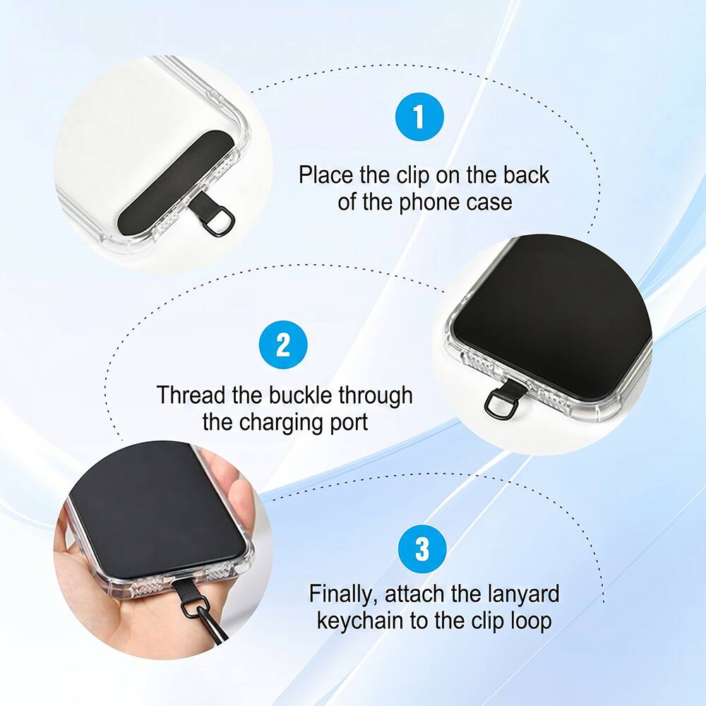 1. Place the clip on the back of the phone case
2. Thread the buckle through the charging port
3. Finally, attach the lanyard keychain to the clip loop