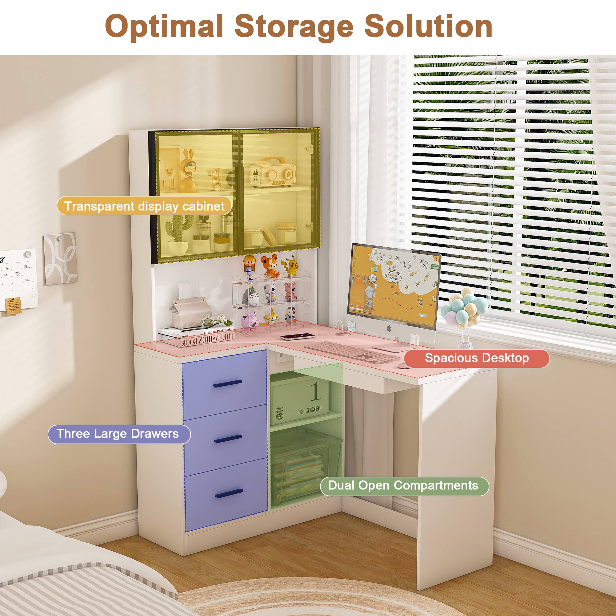 Optimal Storage Solution

- Transparent display cabinet
- Three Large Drawers
- Spacious Desktop
- Dual Open Compartments