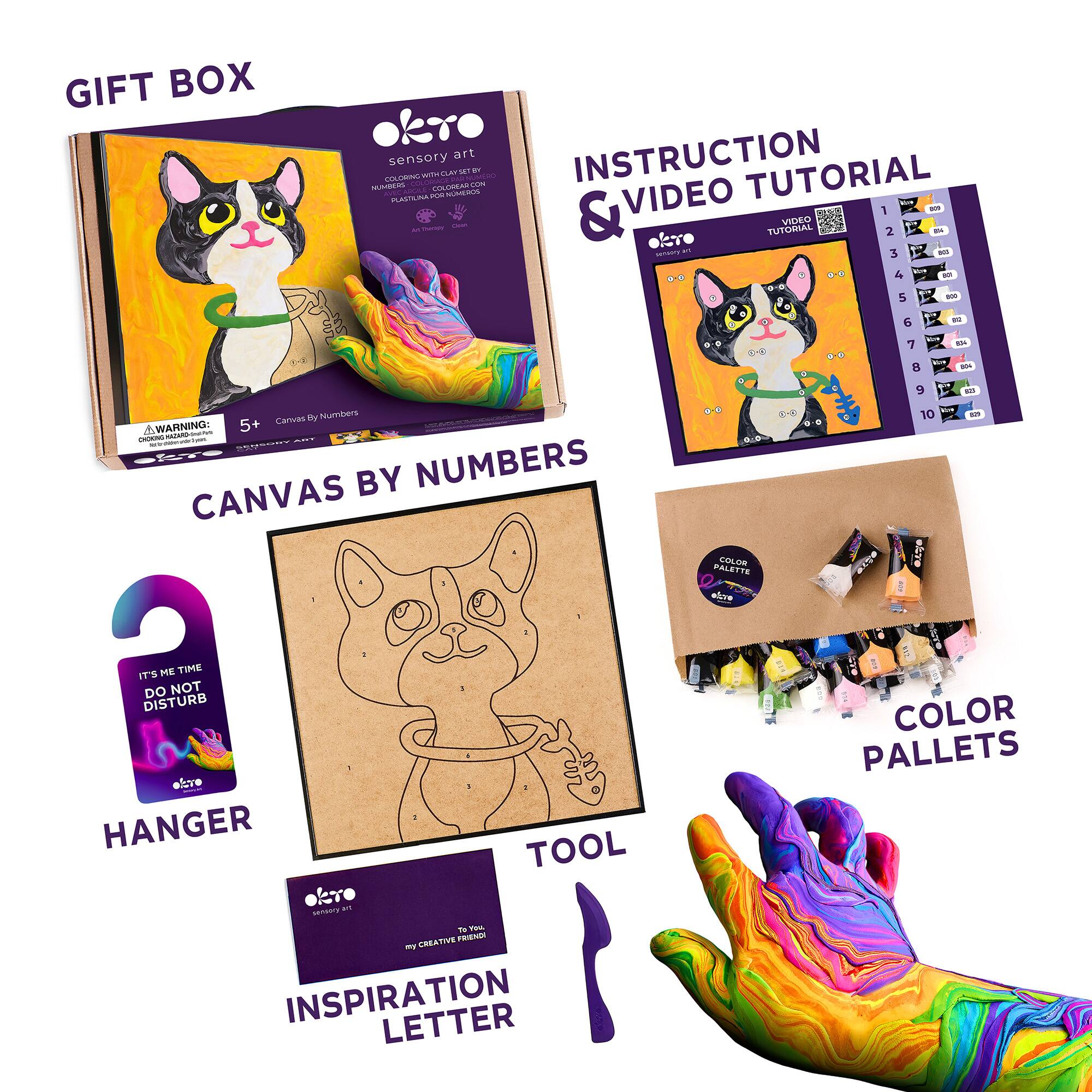 GIFT BOX  
okro sensory art  
INSTRUCTION & VIDEO TUTORIAL  
CANVAS BY NUMBERS  
HANGER  
TOOL  
INSPIRATION LETTER  
COLOR PALETTES