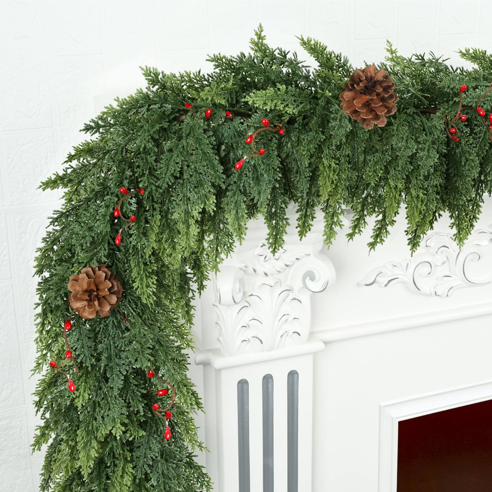 Front. Refined Abode Design - Realistic Christmas Garland Mantle Real Touch Thicklush Artificial Cedar Garlands Pine Conesred Berries - MULTI.