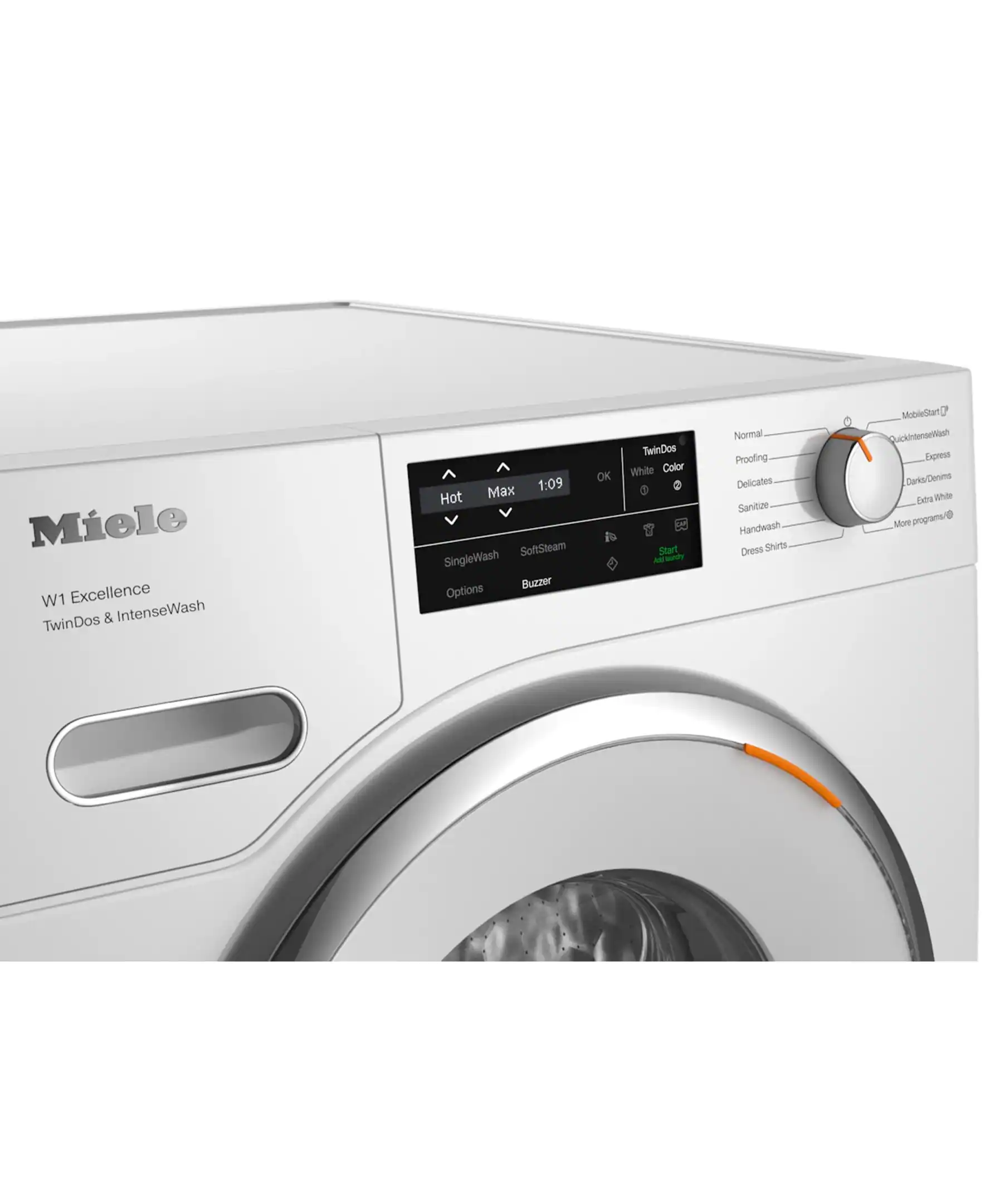 Miele W1 Excellence TwinDos & IntenseWash Max 1:09 Hot SoftSteam SingleWash Buzzer Options OK TwinDos White Color Start Ml sndy Normal Proofing Delicates Sanitize Handwash Dress Shirts Mobiledrar Suck/nteneWish Express Carks/Denims Failure ahie More @lamegog