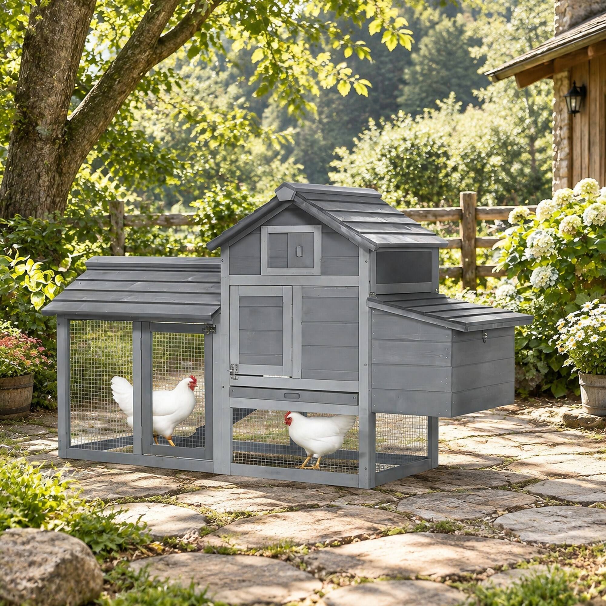 Angle. RYHNUYNE - Wooden Chicken Coop, Fir Hen House, Elevated Box and Run, 59.25 in L, Grey.
