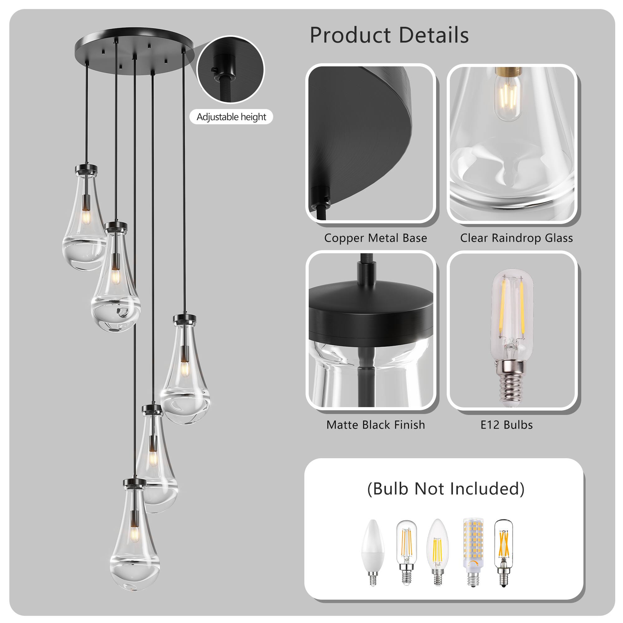 Product Details

- Adjustable height
- Copper Metal Base
- Clear Raindrop Glass
- Matte Black Finish
- E12 Bulbs (Bulb Not Included)