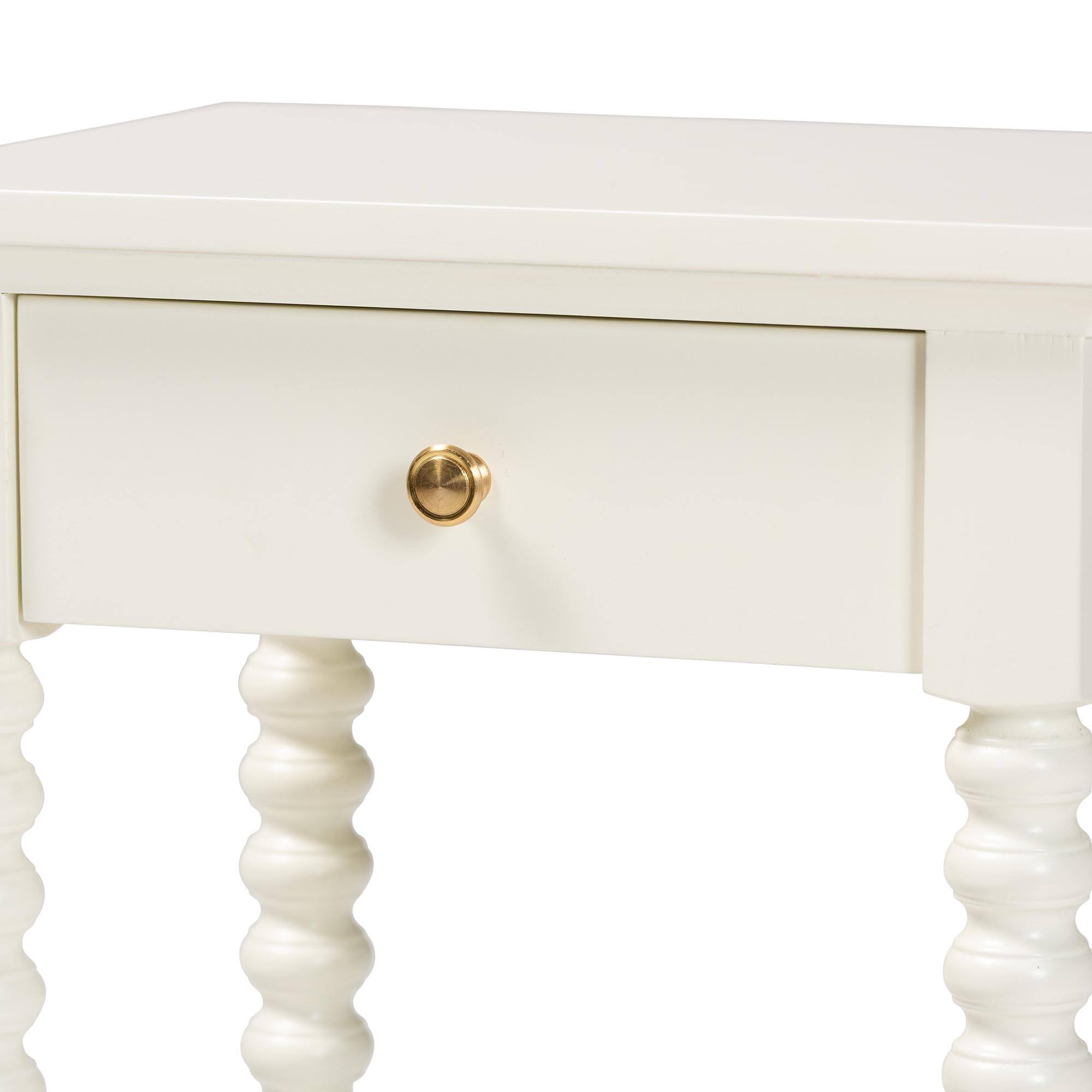 Alt View 2. bali & pari - Baxton Studio Terentia Nightstand with Bobbin Legs - 1-Drawer Bedroom Side Table with Storage Shelf, White - White.