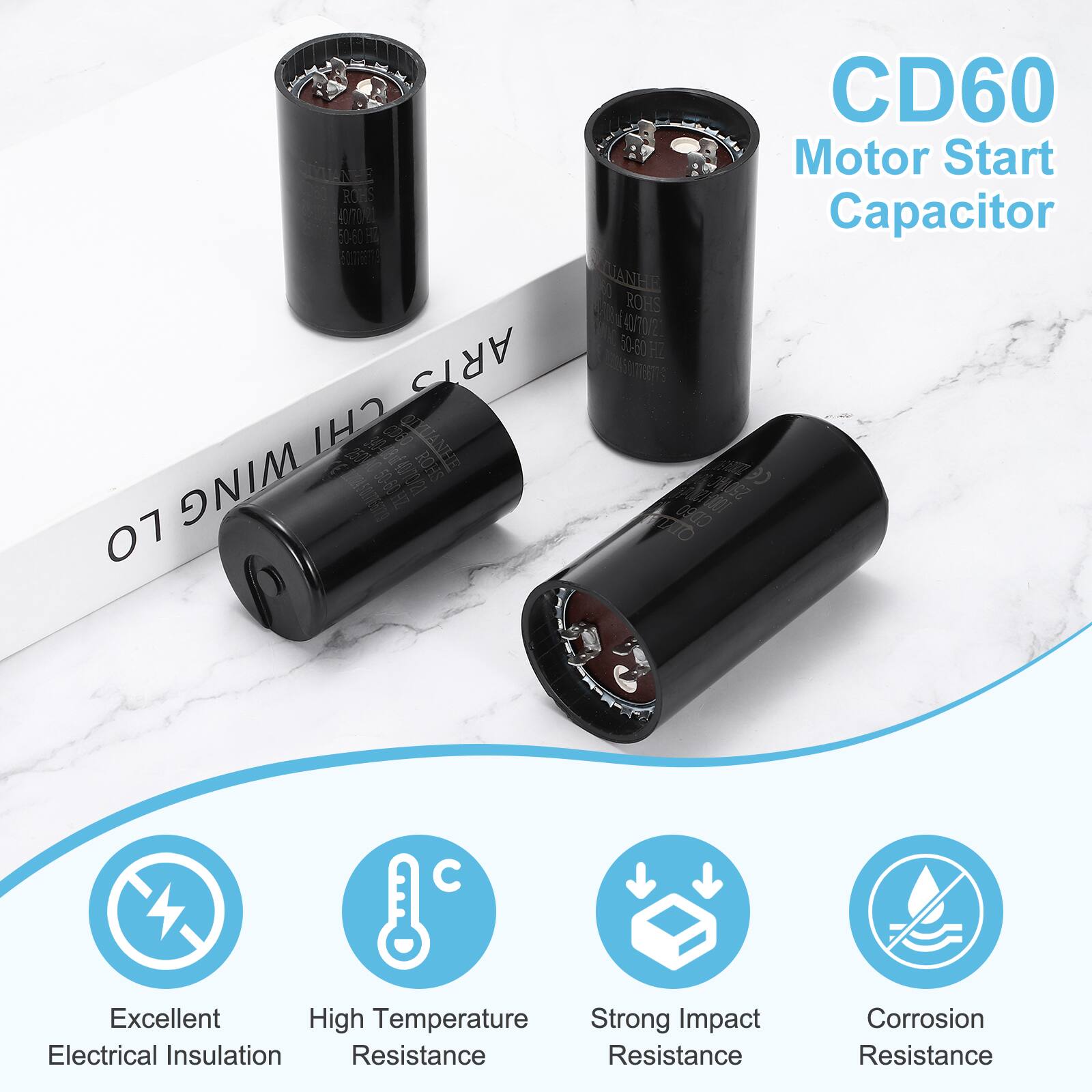 CD60 STENEE Motor Start ROWS 40 50-50 C D Capacitor OTS ANHE NHE ROHS 2 4 2 N 50-60H H2 ARTS NES CHI 2 (60 TANHE WING 4/21 ROHS BLEAR 50-60HZ 6 2 0900 07 C Excellent High Temperature Strong Impact Electrical Insulation Resistance Resistance Corrosion Resistance