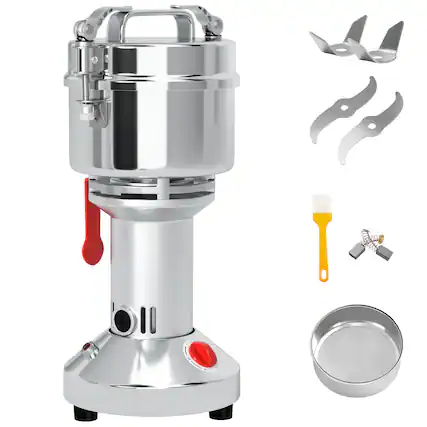 Front. Topteng - 700g Commercial Grain Grinder, 28000RPM High-Speed Electric Mill, 2400W, Stainless Steel for Herb/Spice/Cereal - Chrome.