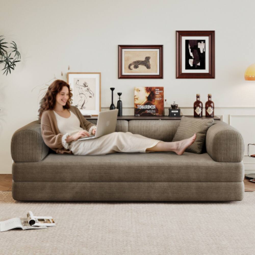 Angle. LUCKY ONE - 78.8" Compression Convertible Floor Sofa Bed w/ Pillow Back Support Armrest No Assembly - Camel.