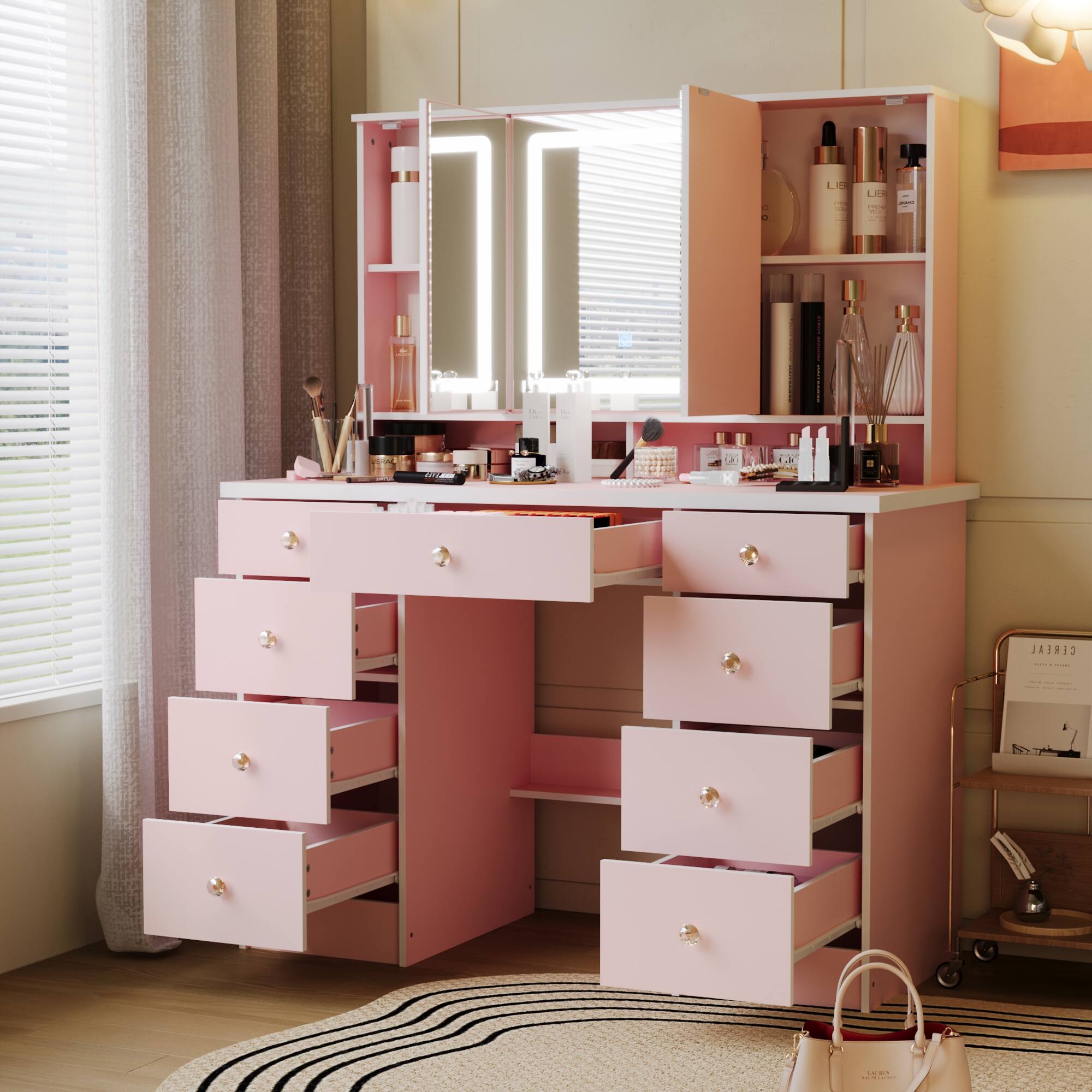 Alt View 4. Famapy - Princess - Style Smart Vanity Table with Lighted Mirror - Your Ideal Makeup Station - Pink.
