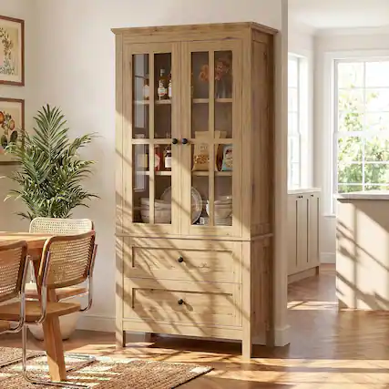 Front. Aheaplus - 63'' Tall Farmhouse Kitchen Pantry Cabinet with 2 Drawers and Adjustable Shelf - Yellow Oak.