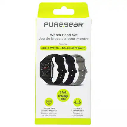 PUREGEAR
Watch Band Set
Jeu de bracelets pour montre
For | Pour Apple Watch (42/44/45/49mm)
3 Pack
Emballage triple
Durable Soft Silicone Material
Matière silicone souple durable
Stylish & Comfortable
Élégant et confortable