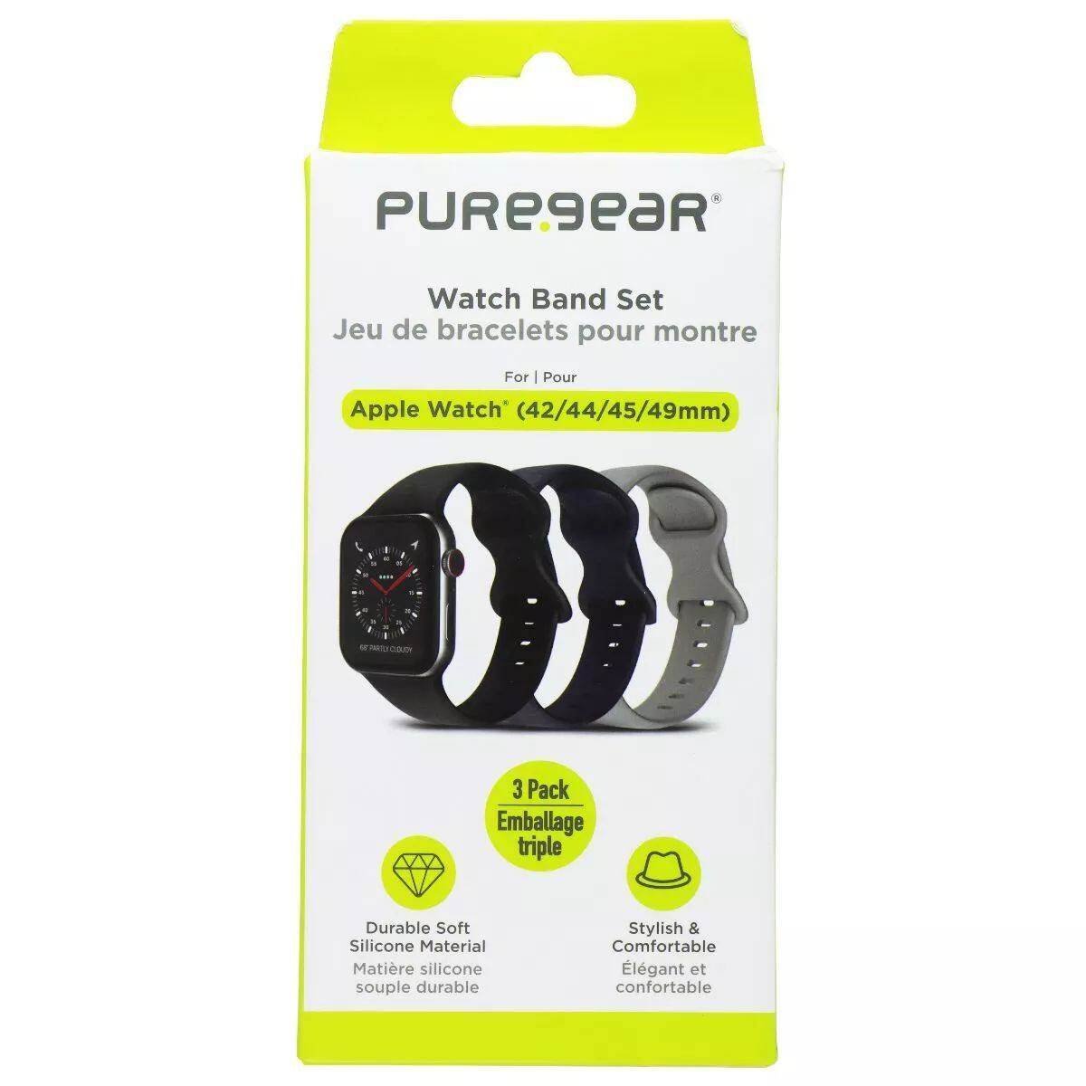 PUREGEAR  
Watch Band Set  
Jeu de bracelets pour montre  
For | Pour Apple Watch (42/44/45/49mm)  

3 Pack  
Emballage triple  

Durable Soft Silicone Material  
Matière silicone souple durable  

Stylish & Comfortable  
Élégant et confortable