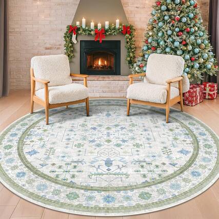 Front. Fabibe - 5X5 BLACK Machine Washable Indoor BOHO SMALL CIRCULE 5FT FOR LIVING ROOM WASHABLE DARK VINTAGE MOODY LOW PILE NON - Cream Green 8' (Round).